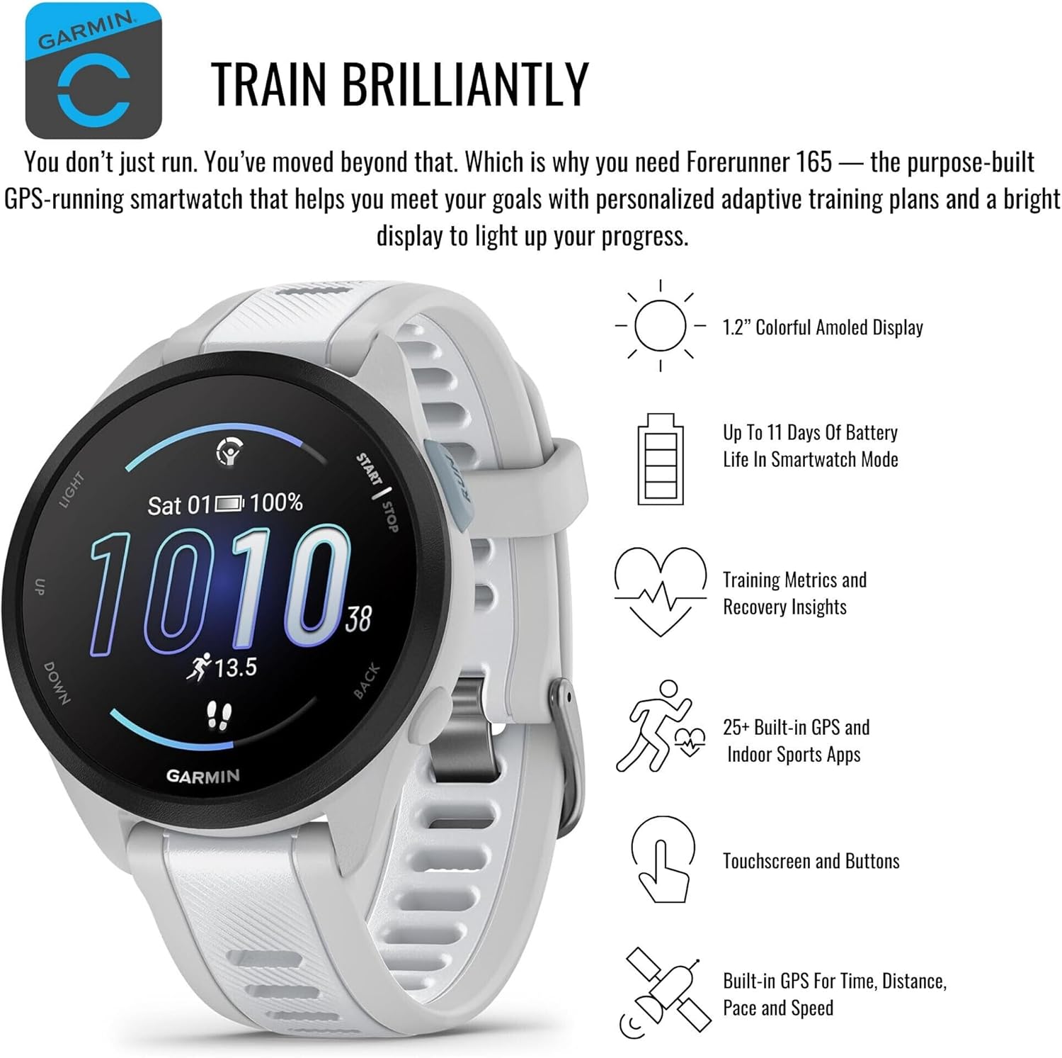 Garmin Forerunner 165 GPS Running Smartwatch (Mist Gray and Whitestone) Bundle with Charger Stand, Charging Cable and 9H Tempered Glass Screen Protector Film for Garmin Fenix 7S (3-Pack) (3 Items)