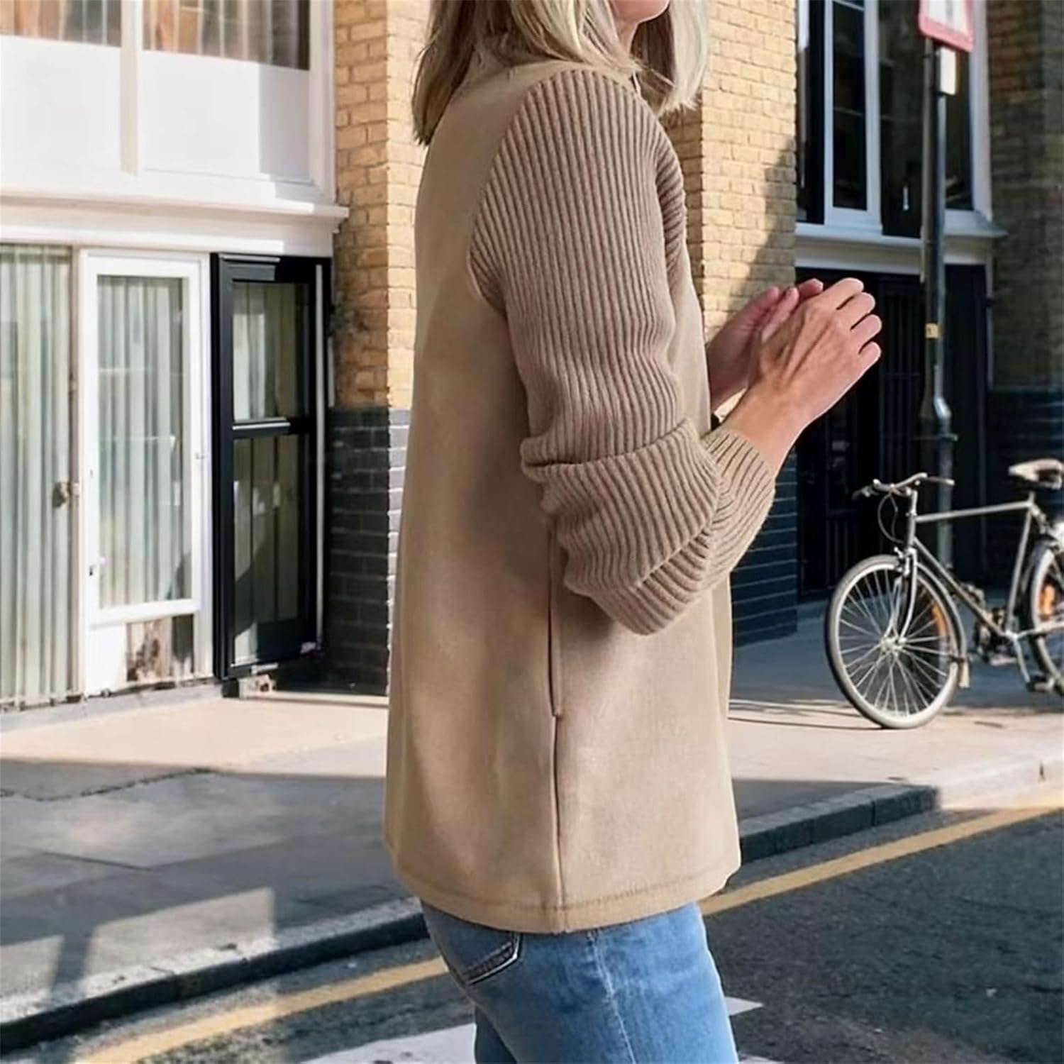 Women's Lapel Knitted Sleeve Coat,Casual Button Sweater Blazer,Lightweight Business Patchwork Sleeve Jacket Business Coats