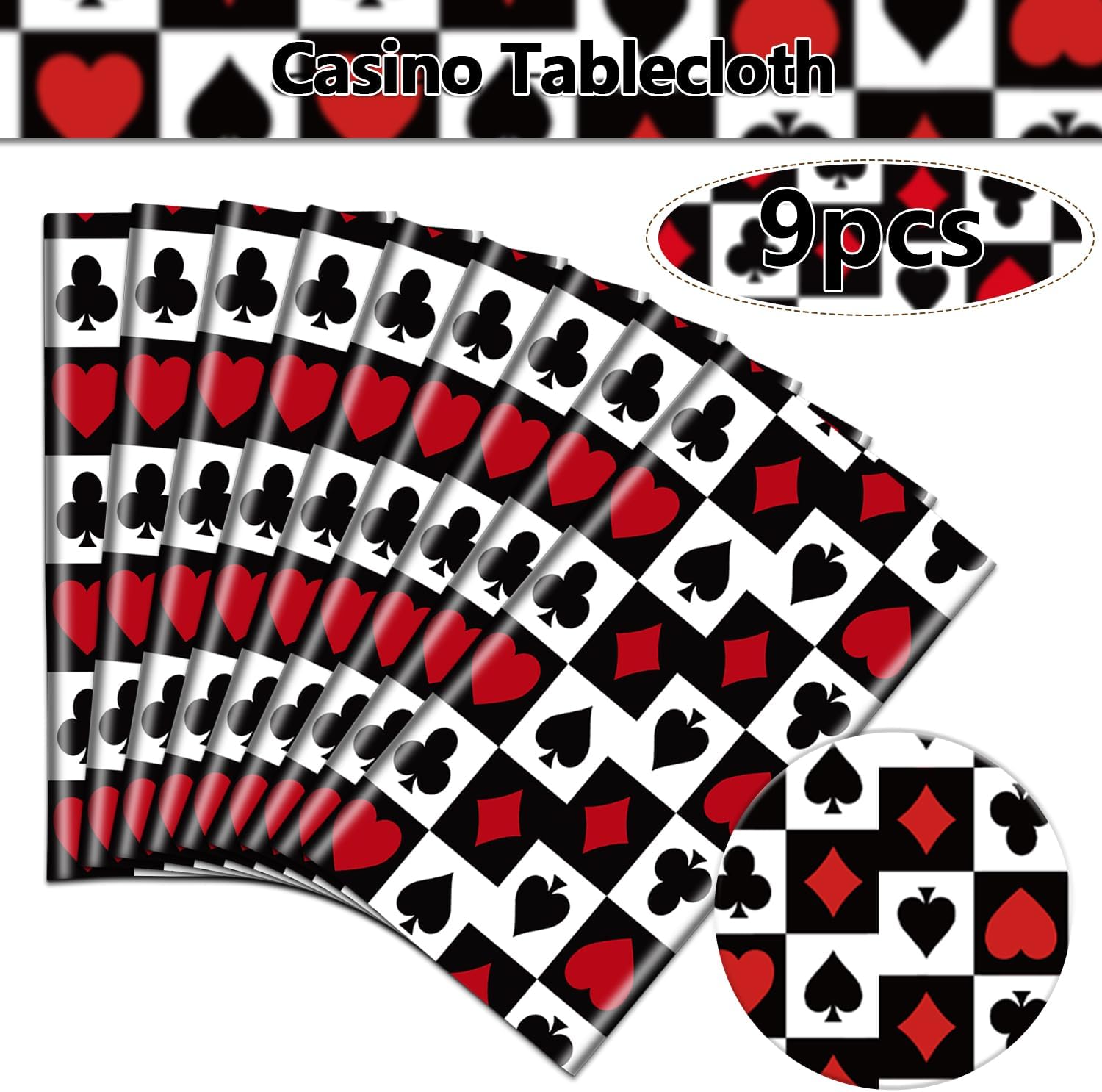 9Pcs Casino Tablecloths, Poker Table Cover, Round Casino Theme Table Cloth for Picnic Birthday Playing Card Casino Party Decorations, 84 x 84 Inch