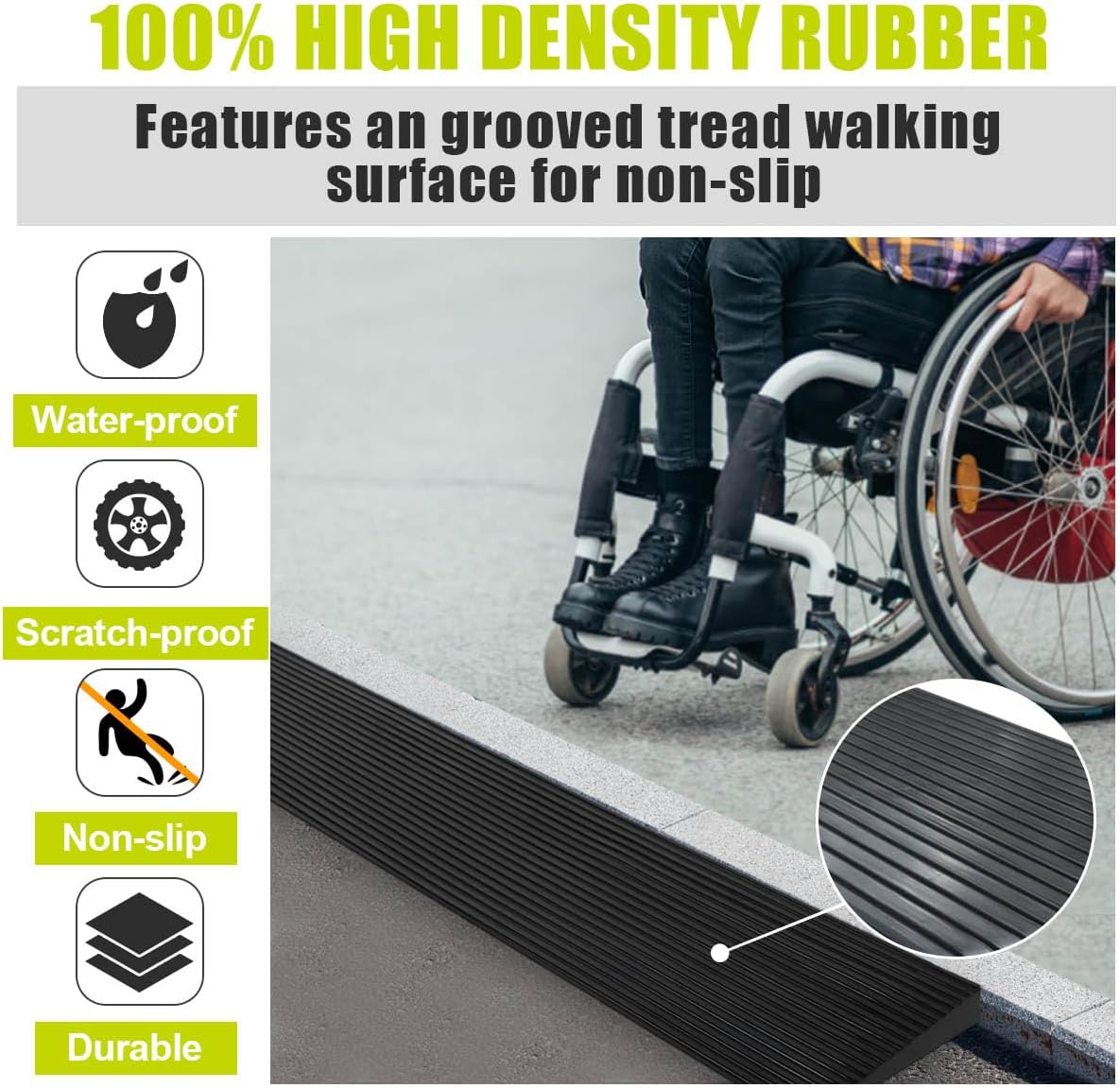 0.8 Rise Rubber Threshold Ramp Doorway, Recycled Solid Rubber Wheelchair Ramp with 2204 Lbs Load Capacity, Temporary Driveway Curb Ramps for Handicap, Door, Scooters (35.4 Lx 5.9 W)