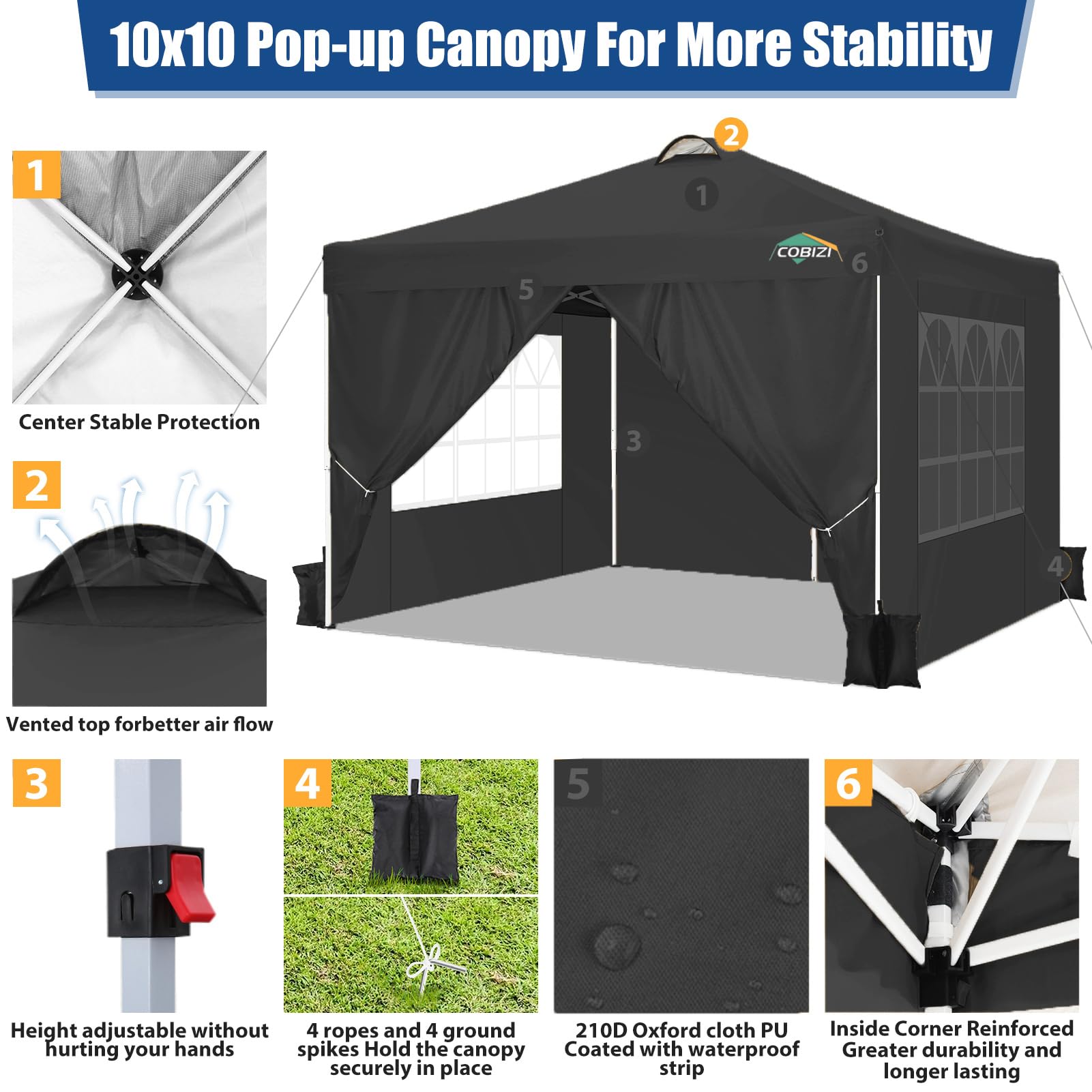 COBIZI Carpa de Jardín de 3x3m Plegable, Cenador Robusto Impermeable, Garden Tent 3x3 Resistente al Agua con 8 Paredes Laterales para Reception, Camping, Fiestas, Exterior, Cerveza,Reception,Negro