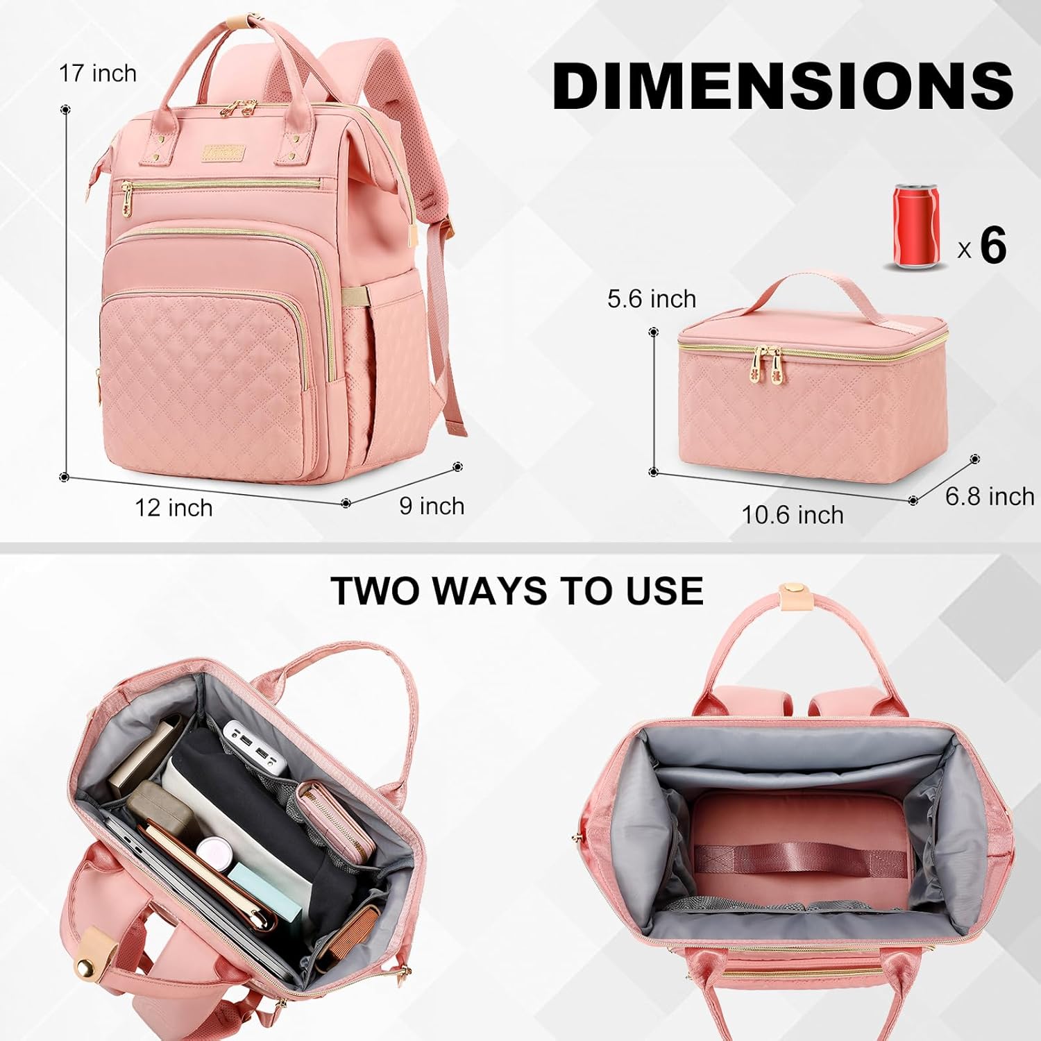 Lunch Backpack, 15.6 inch Laptop Backpack with Insulated Lunch Bag, Backpack Cooler for Women, Large Travel Backpack Lunch Box Compartment, Work Computer Backpack, Teacher College Book Bag, Pink - Image 6