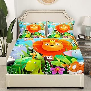Cute Animals Bedding Set Twin Size Lion Tiger Zebra Wild Animals Bed Set for Girls Teens Bedroom Decor Kids Lion Tiger Zebra Fitted Sheet Soft Rainforest Bed Cover(1 Fitted Sheet+1 Pillow Case)