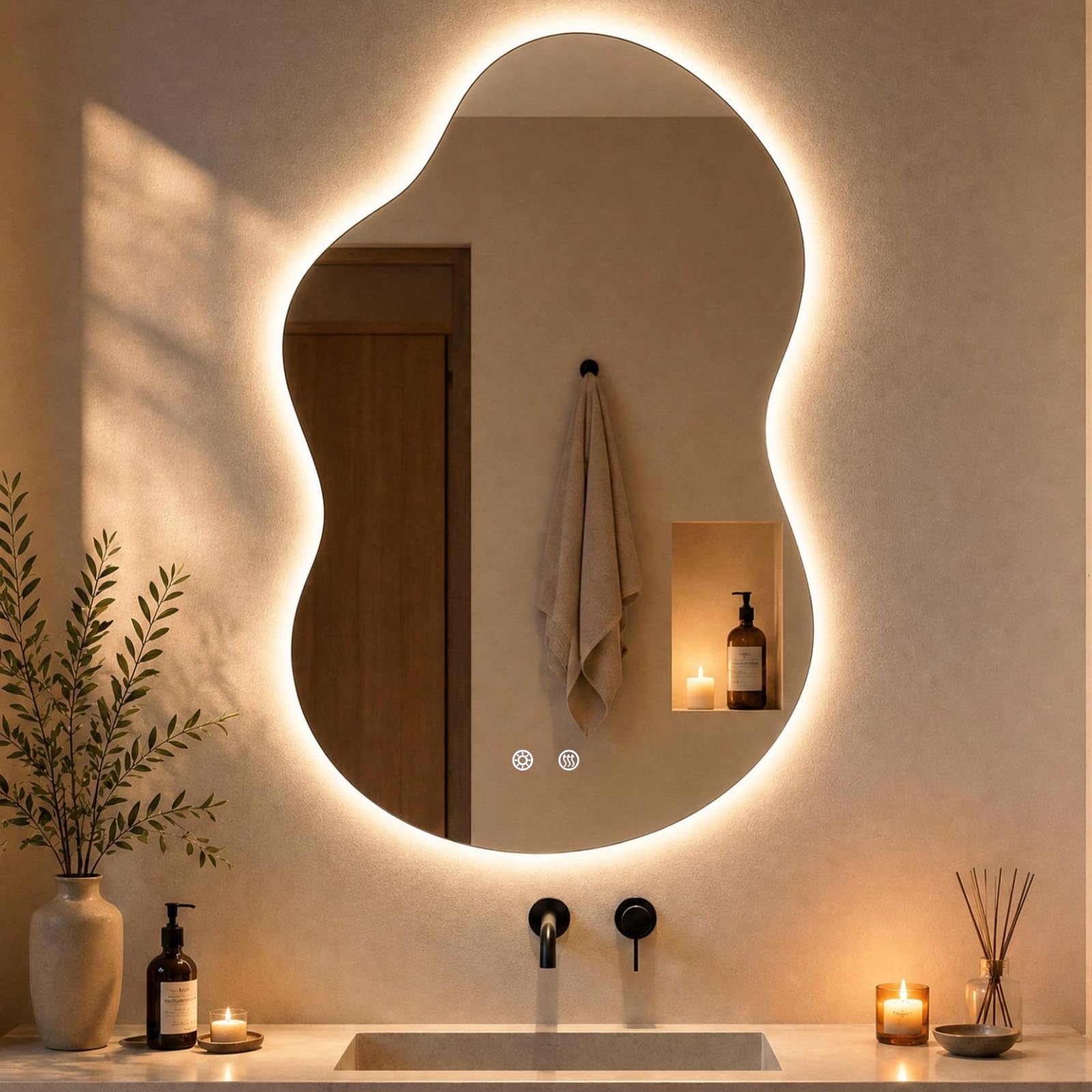 Clevich Espejo de baño con iluminación asimétrica, 90 × 60 cm, Espejo LED con 3 Colores de luz Regulable, Vidrio Templado, Interruptor táctil, función de Memoria, antivaho, Moderno Espejo de baño con