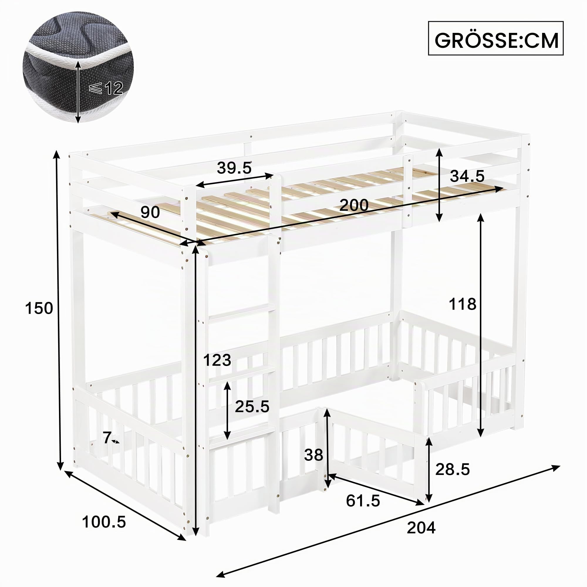 Etagenbett 90x200 cm, Kinderbett für 2 Kinder, Massivholz Einzelbett, Hochbett mit Rausfallschutz, Stockbett mit Zäune und Türchen, Jugendbett, ohne Matratze, Weiß