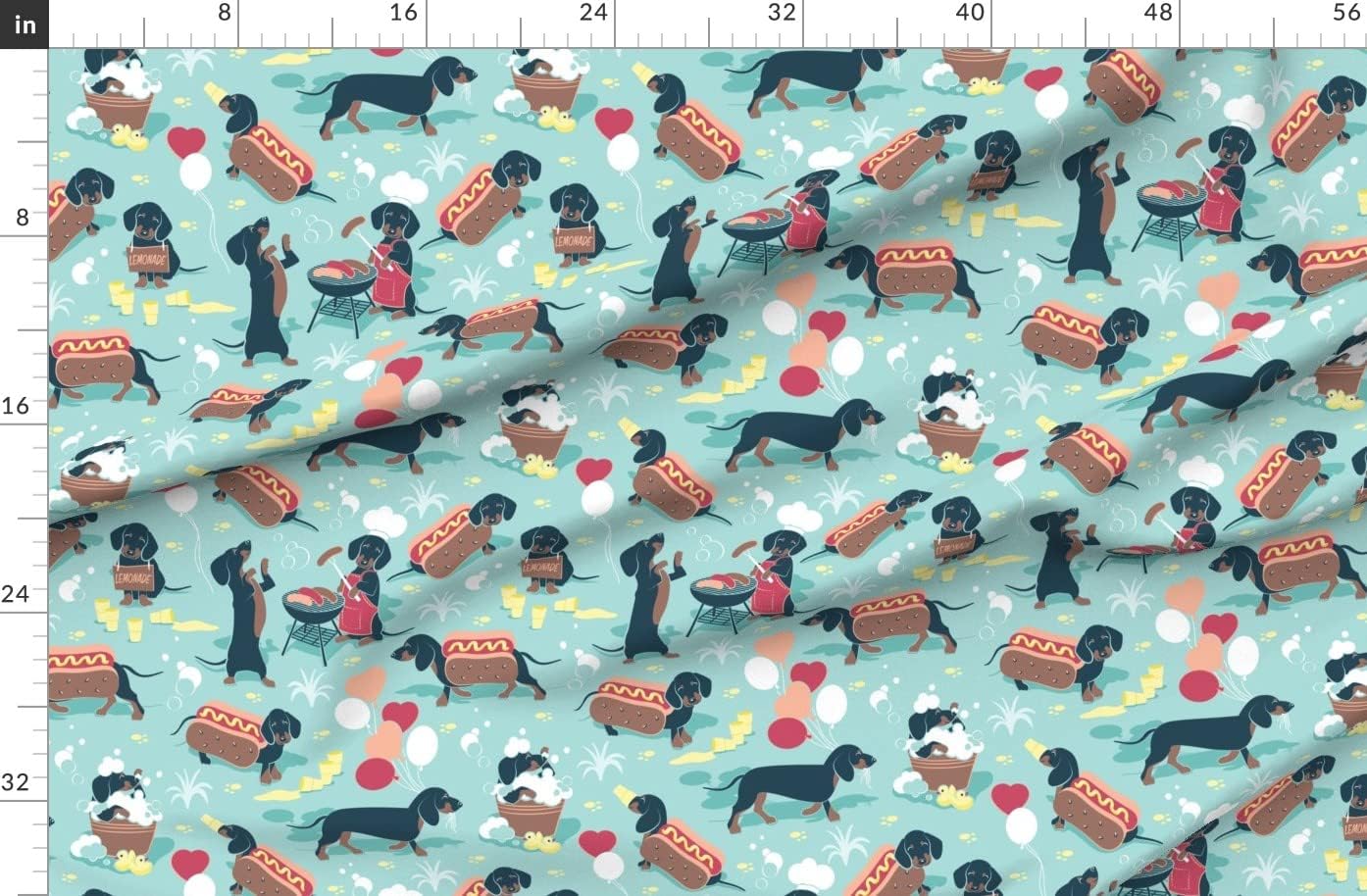 Spoonflower Fabric - Hot Dogs Lemonade Aqua Blue Doxie Dachshund Summer Barbecue Printed on Organic Cotton Sateen Fabric by The Yard - Sewing Quilting Apparel Home Decor