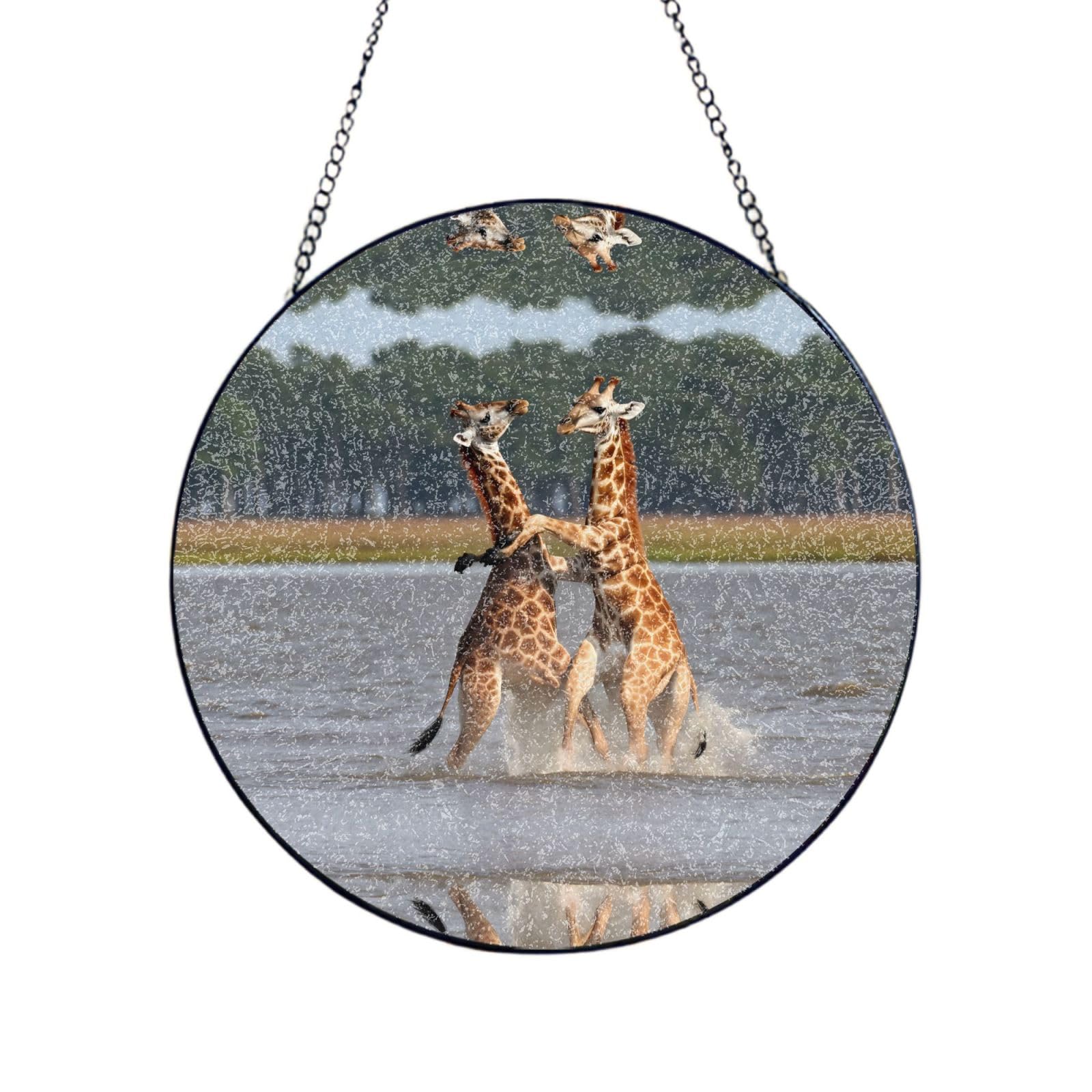 Poezjzw Stained Glass Window Hanging - Two Giraffes Fighting Sun Catcher For Door Garden Home Decor Christmas Mother'S Day Birthday Gifts 4in（10cm）