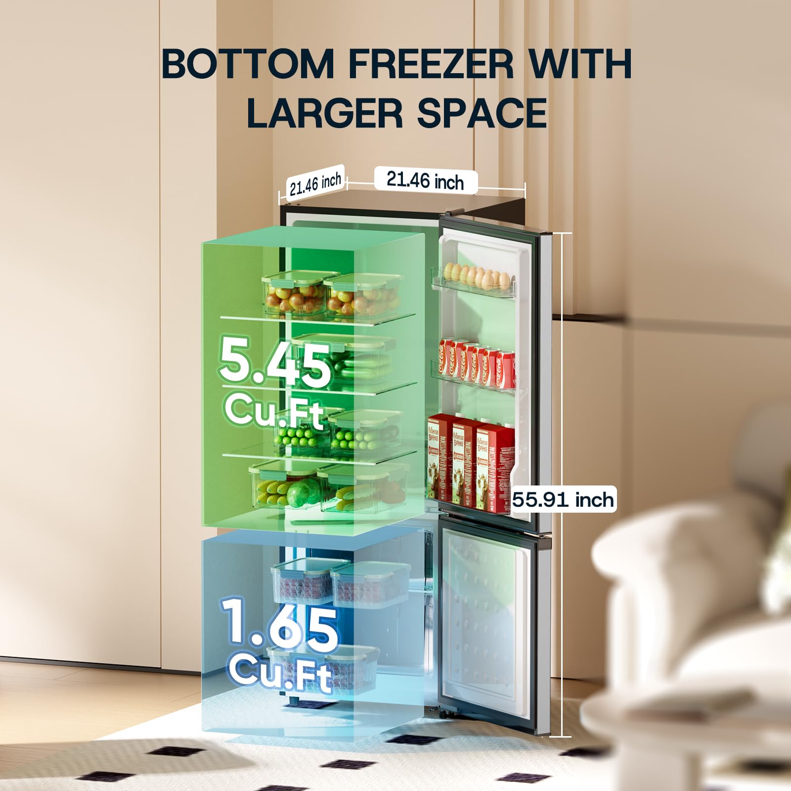Upstreman 7.1 Cu.Ft Refrigerator with Bottom Freezer, Apartment Fridge with Freezer, Energy-efficient, Large Capacity, Adjustable Thermostat, Refrigerator for Apartment, Kitchen, Dorm,Silver(BM71)