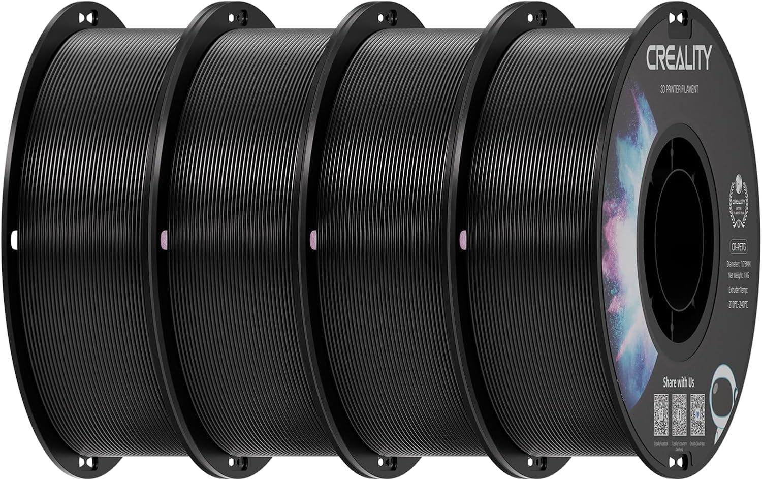 Creality PETG filament CR-PETG 1,75 mm, filament do drukarki 3D, idealny do drukarek 3D Ender, K1, K1C, K2, Hi (szpula 4 x 1 kg, czarny)