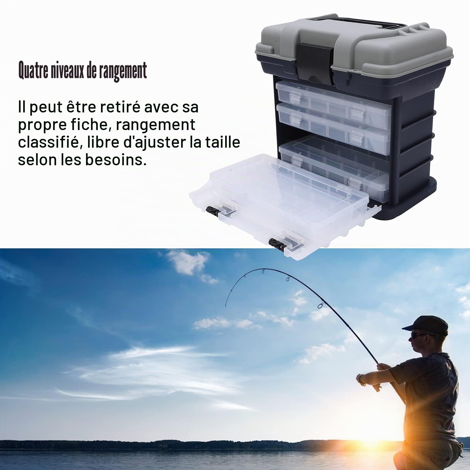 Kit de pêche à la carpe, utilitaire portable 4 couches, grande boîte à pêche, poignée en plastique, étui de pêche à la carpe, outils pour eau douce et eau salée