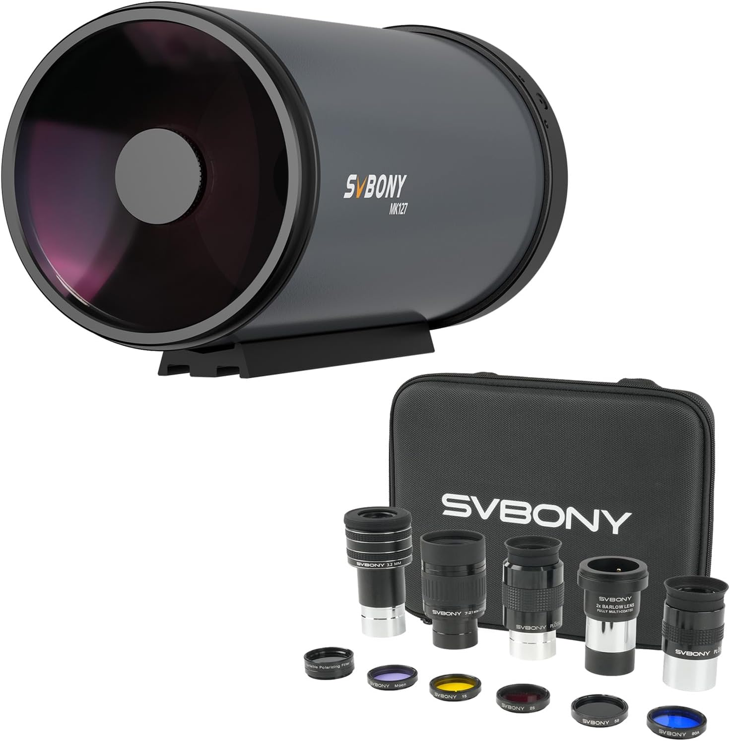 SV233 12PCS Telescope Accessory Kit 3.2mm Ultra-Wide Angle Eyepiece, SPL25/32mm Eyepieces 7-21mm Zoom Eyepiece, 2X Barlow Lens, LRGB Filters with MK127 Telescope for Adults, 127mm Aperture f/11.8 OTA
