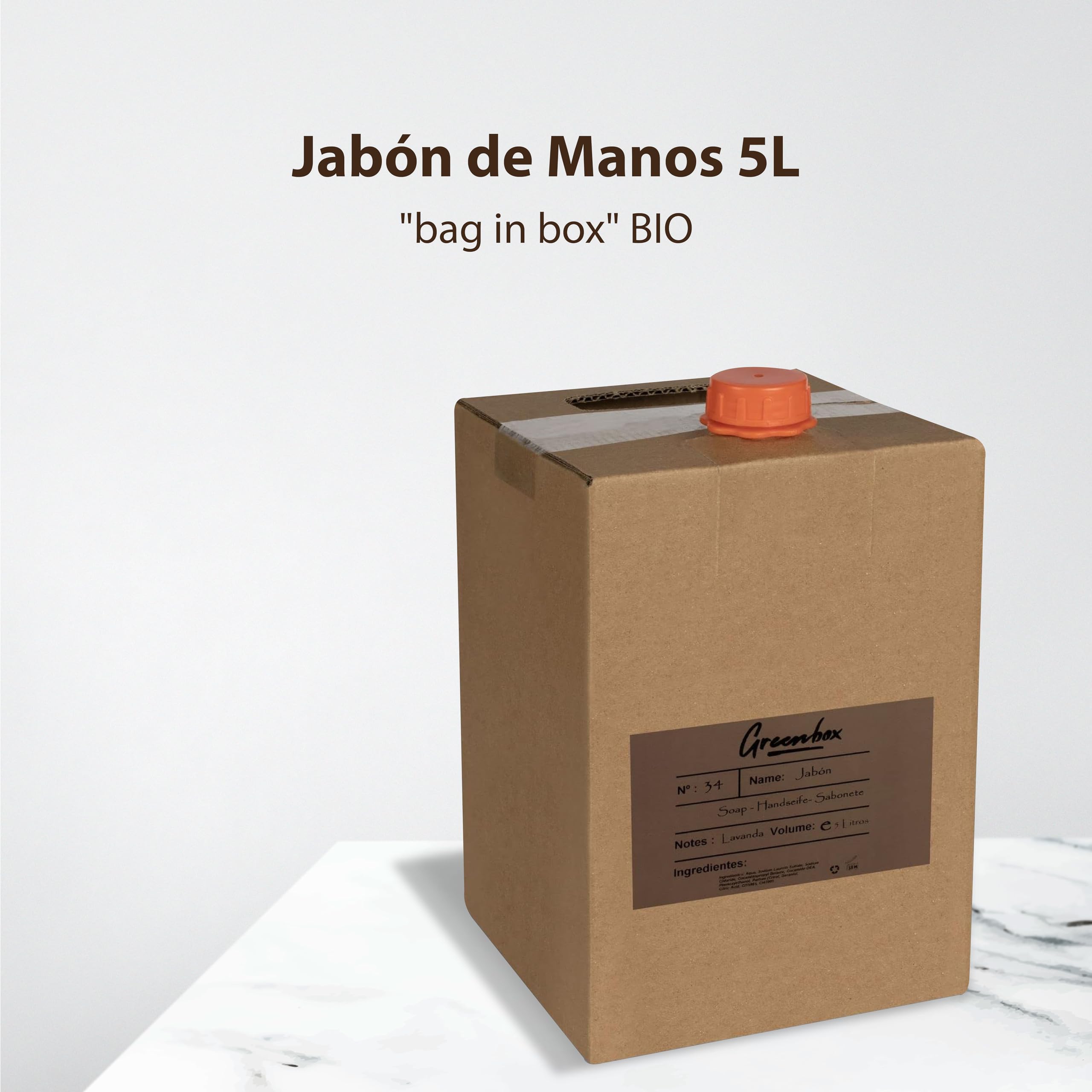 Ricarica sapone mani in "bag in box" BIO - sapone mani idratante 5L. Imballaggio ecologico e maniglia per il trasporto. Risparmia denaro e aiuta l'ambiente.