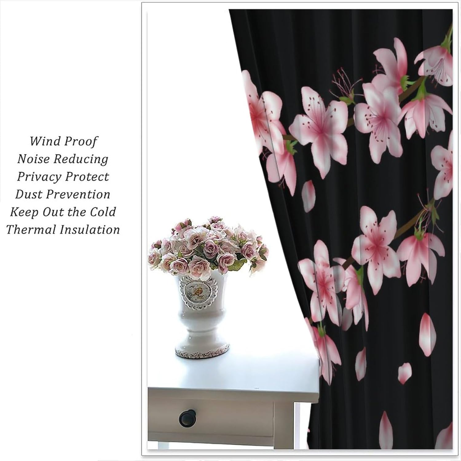 Floral Curtains Spring Romantic Pink Cherry Blossom Black Art Print for Girls Women Bedroom Living Room Kitchen Decor Rod Pocket Blackout Window Drape 42x45in