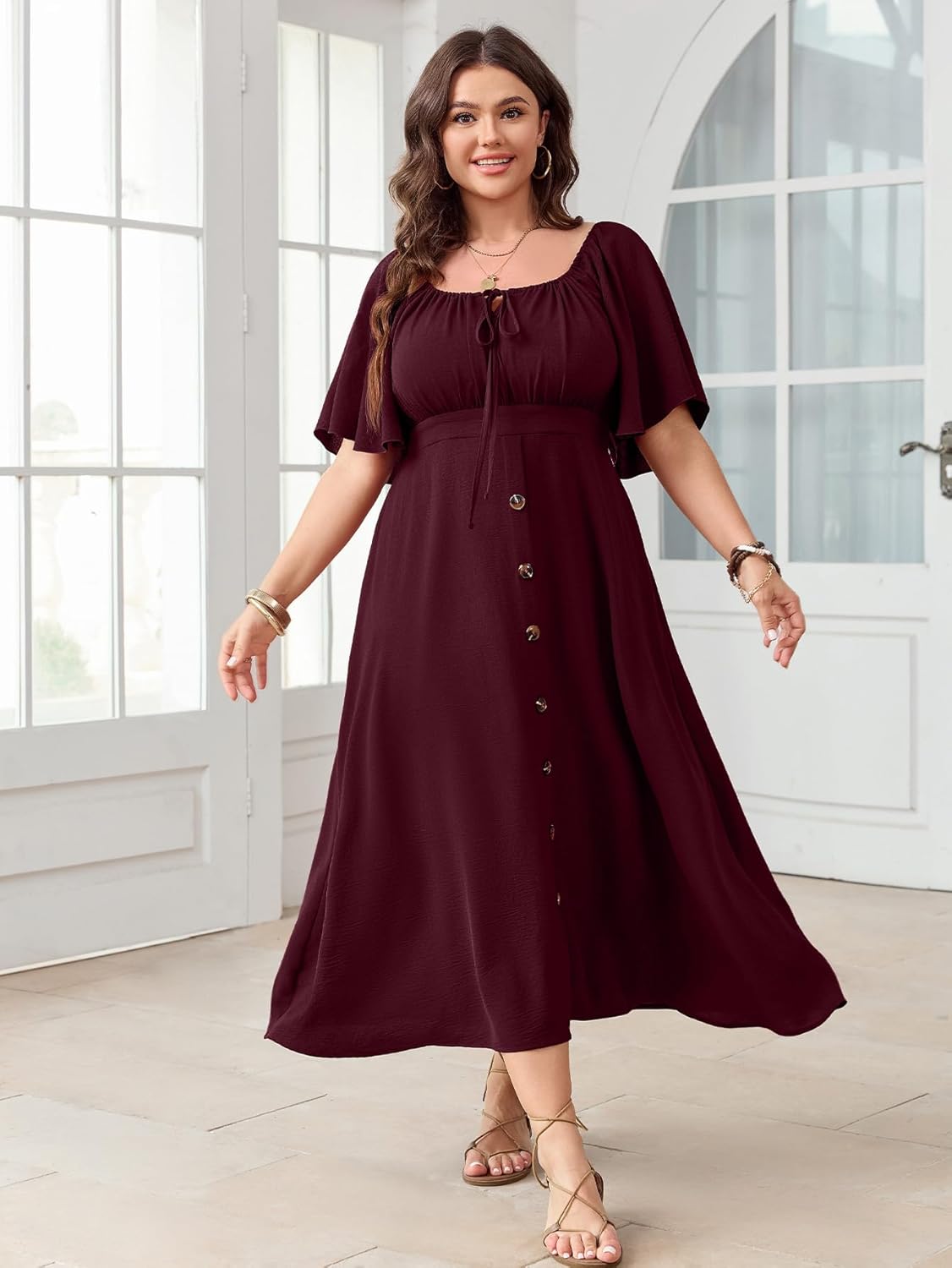 Plus Size Summer Dress Short Sleeve Square Neck Tie Front Smocked Button Down Flowy A-line Boho Maxi Long Dresses - Image 3