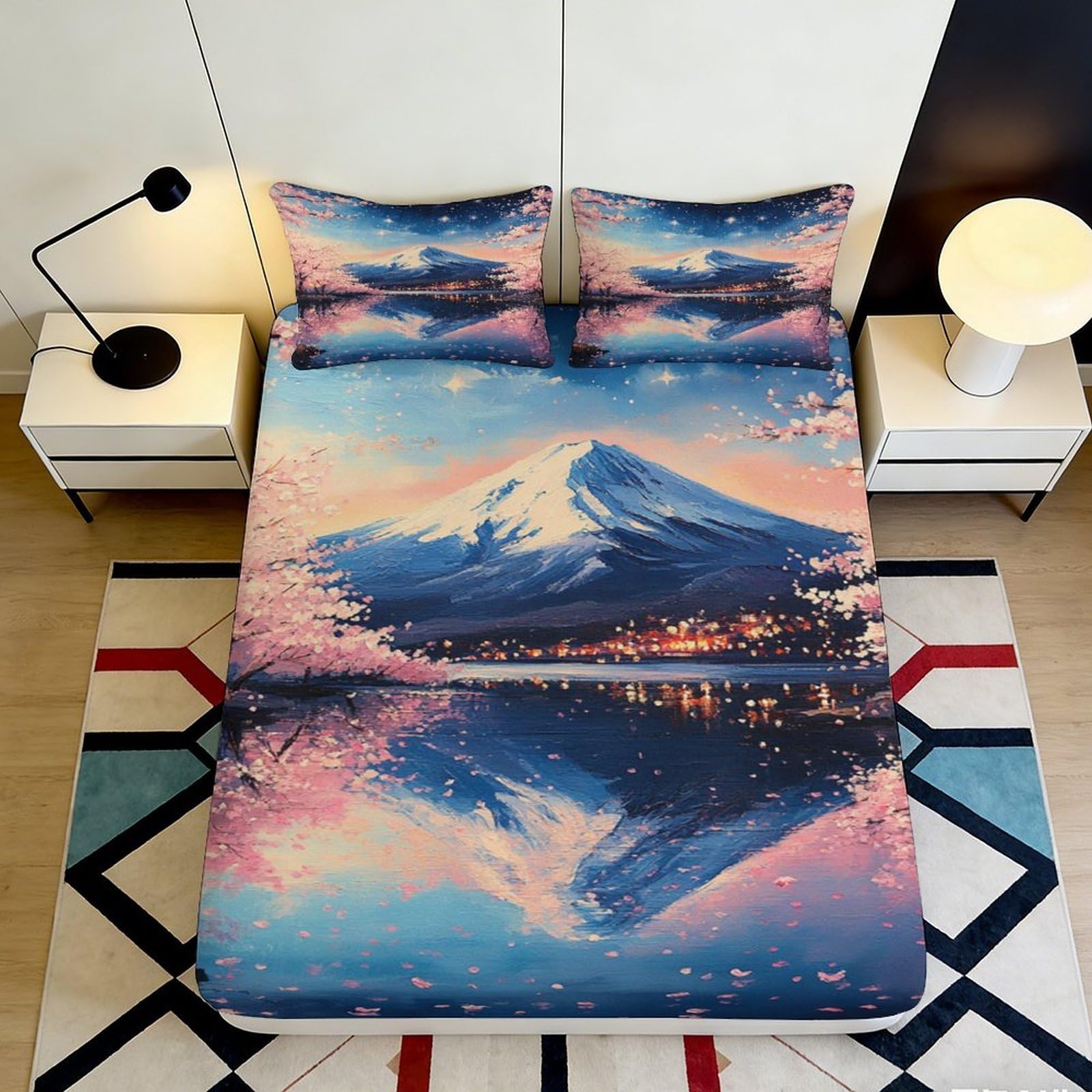 3D Printed Mt. Fuji Sunrise Fitted Sheet Microfiber Soft Sky Reflection Mattress Cover for Bedroom Dorm Decor 90x200x25cm