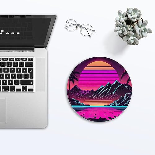 Miniatura 3 de Tapete de escritorio, alfombrilla de mouse retro para juegos de puesta de sol de neón, 8.8 pulgadas, con base antideslizante y borde cosido,