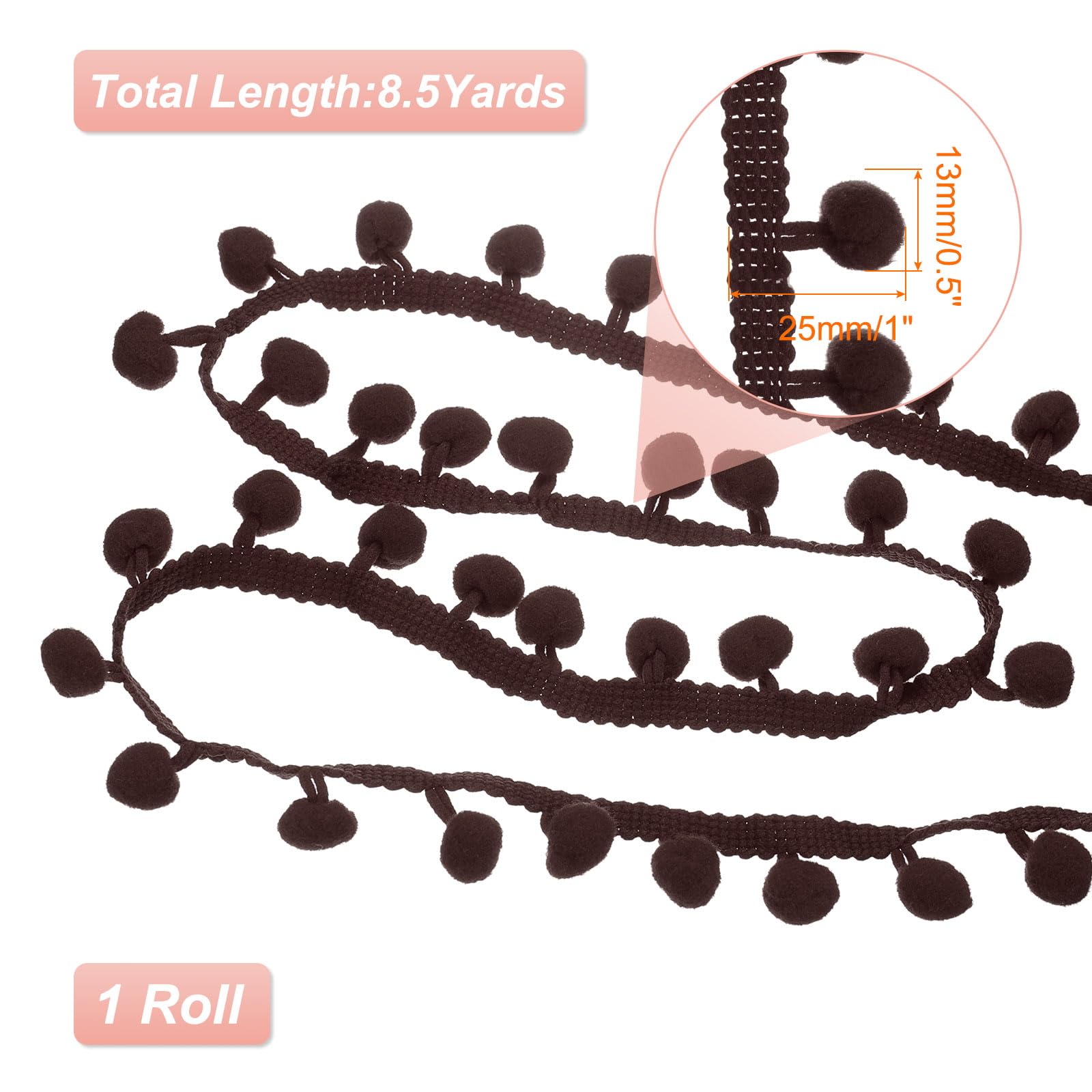 QUARKZMAN 10 Yards Nastro Trim Pom Pom, 1" Largo Marrone Scuro Pom Pom Ball Fringe Trim Nastro per Cucire Frange Tessuto Trim Nastro Fai da Te Tende Abbigliamento Cuscino Decorazione Casa
