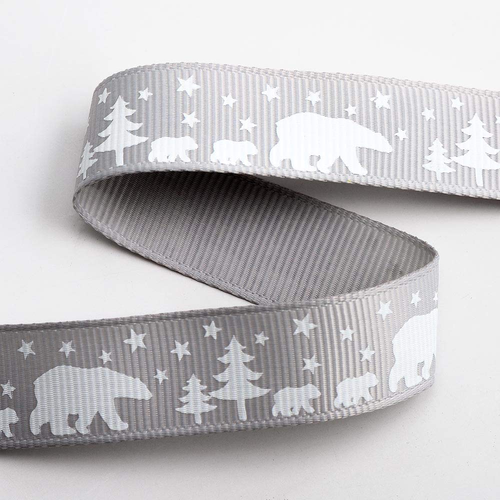 Italian Options Polar Bear Christmas Grosgrain Ribbon, Christmas Ribbon for Crafts, Gift Wrapping, Wreaths, Tree Decorations, Hair Bows, Silver, 16 mm x 5 Metre Roll