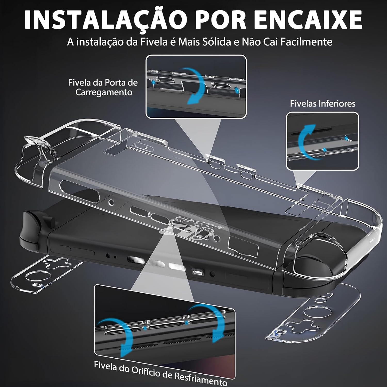 Estojo em perspectiva 3D com fundo escuro em gradiente que destaca o produto.