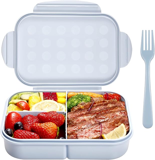 Jeopace Bento Boxes Adults Lunch Box Lunch Containers for Adults 3 Compartment Bento Lunch Box Leak Proof Food Containers Microwave Safe(Flatware Included,Blue)
