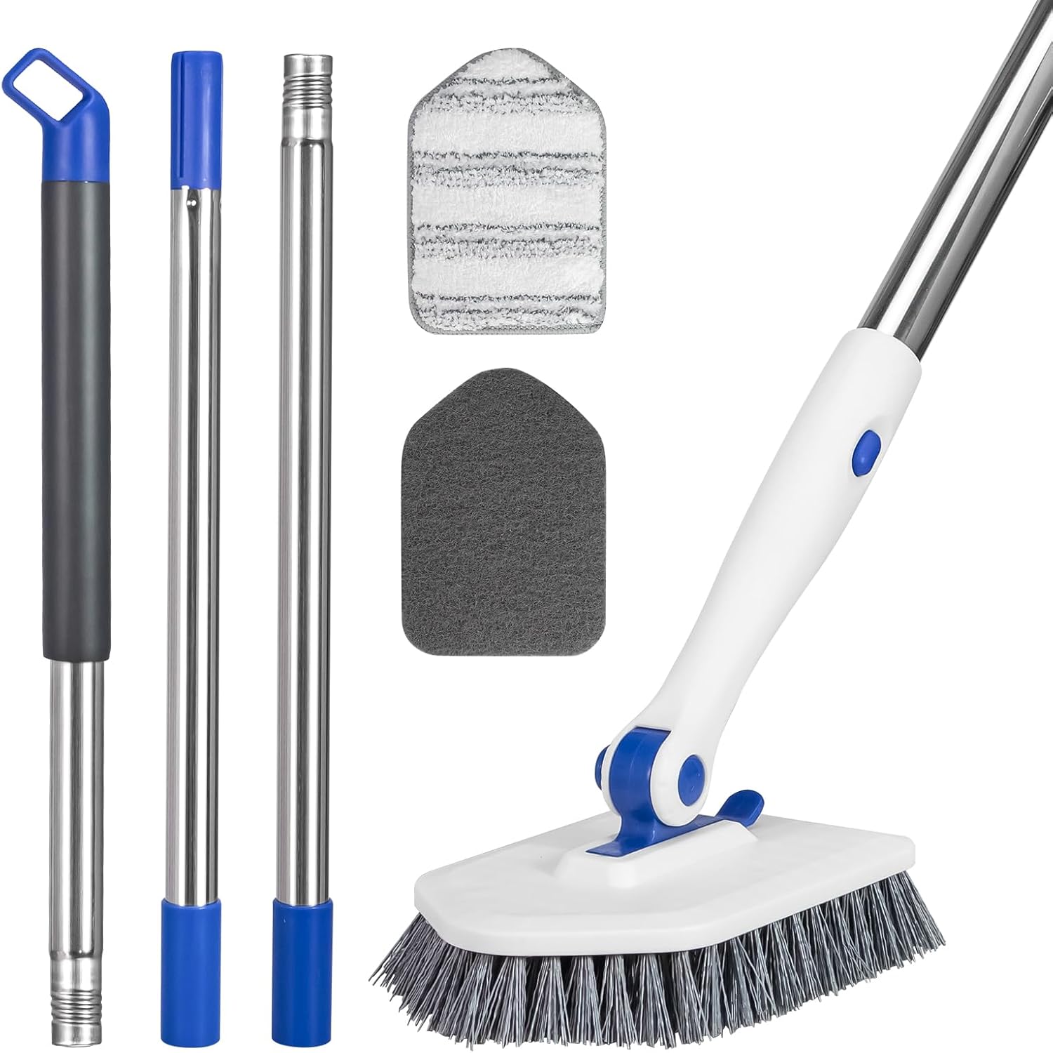 Cepillo giratorio 3 en 1 con cepillo de ducha ajustable de mango largo de 52 pulgadas para limpieza, 3 cabezales de cepillo de repuesto diferentes