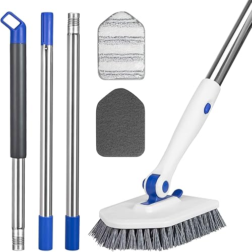 Cepillo giratorio 3 en 1 con cepillo de ducha ajustable de mango largo de 52 pulgadas para limpieza, 3 cabezales de cepillo de repuesto diferentes