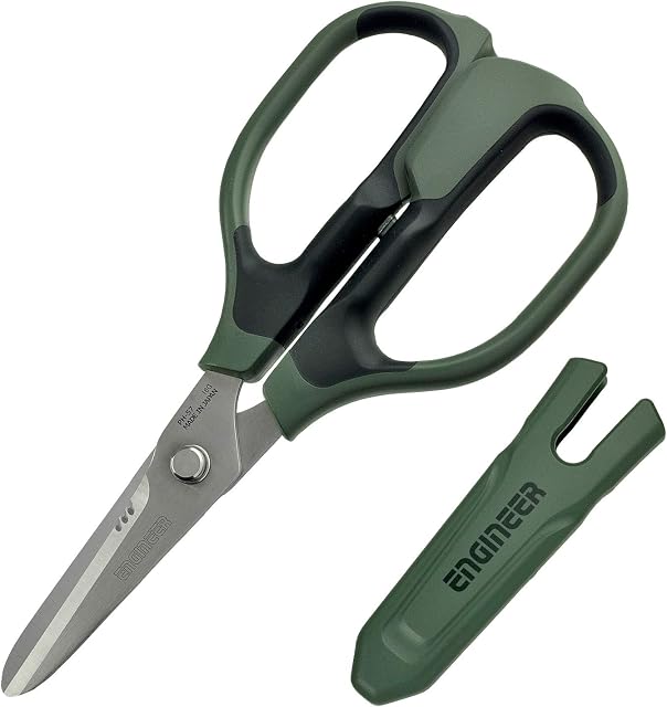 Versatile Scissors with Integral Finger Guard - cuts Kevlar Fibre, Leather Belts, Mains Cable,Copper Braid, coaxial Cable, Rope & More. Made in Japan. ENGINEER ph-57, Green