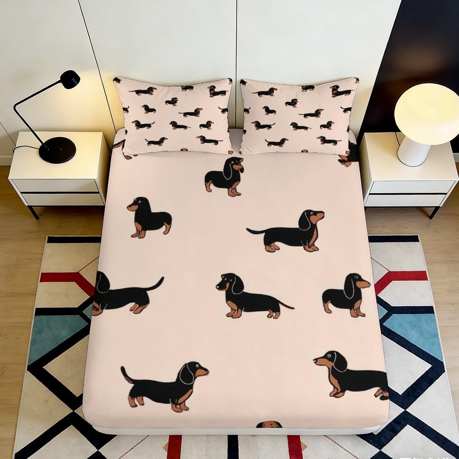 3D Printed Dachshund Dog Fitted Sheet Microfiber Soft Pink Cartoon Mattress Cover for Bedroom Guest Room Dorm Decor 90x200x25cm
