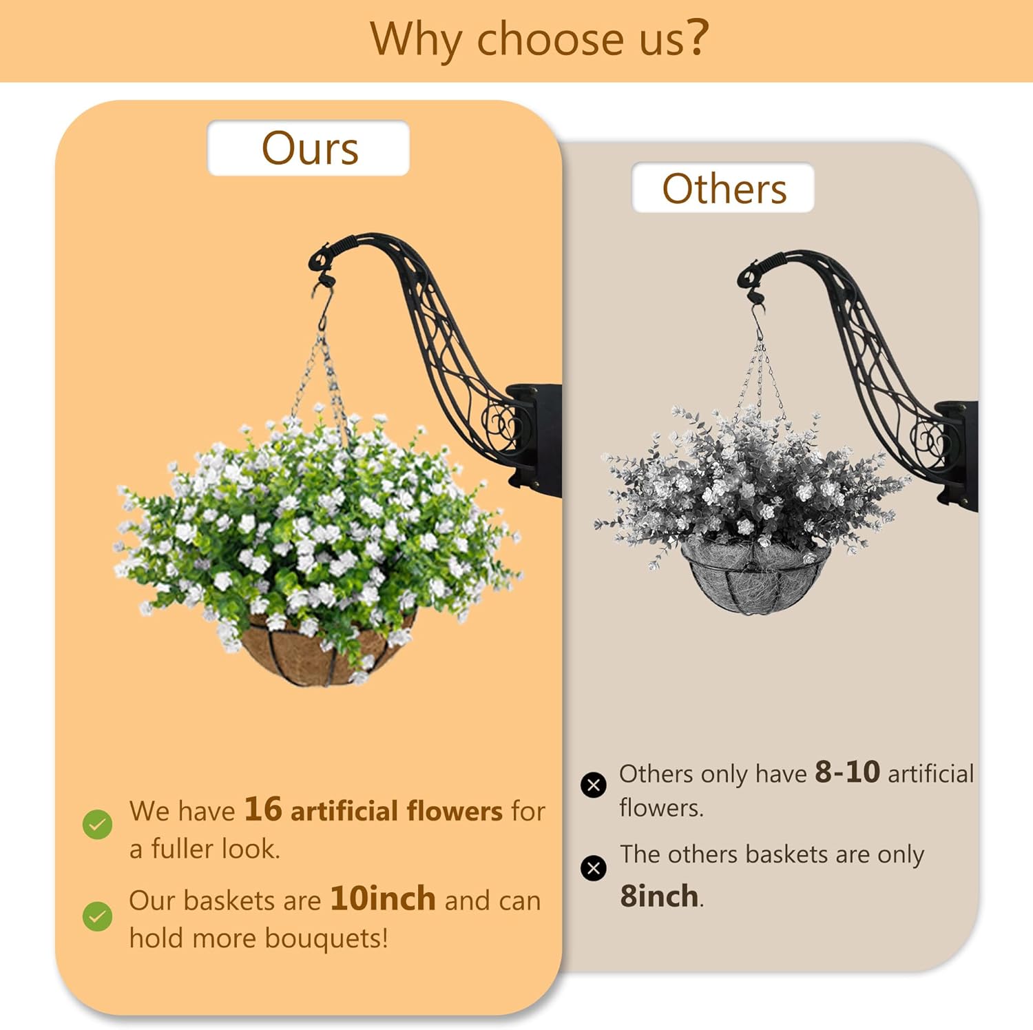 Artificial Hanging Flowers Basket for Outdoor, 16 Fake Flowers Look Real UV Resistant, Faux Hanging Plants for Porch, Balcony, Patio, Garden, Spring Summer Decor,White - Image 4