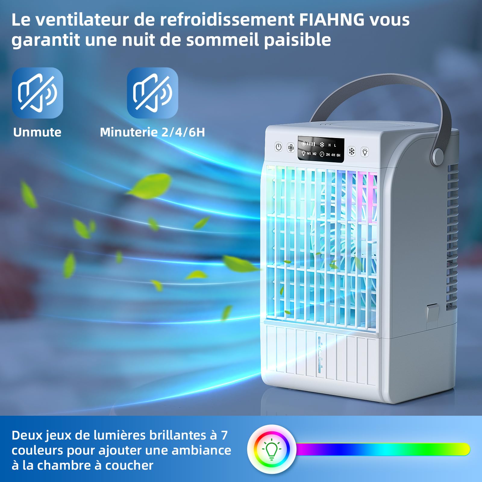 Climatiseur portable, mode atomisation, mini ventilateur à 4 vitesses, ventilateur de refroidissement programmable,lanternes RGB, convient aux chambres et aux bureaux - blanc pur
