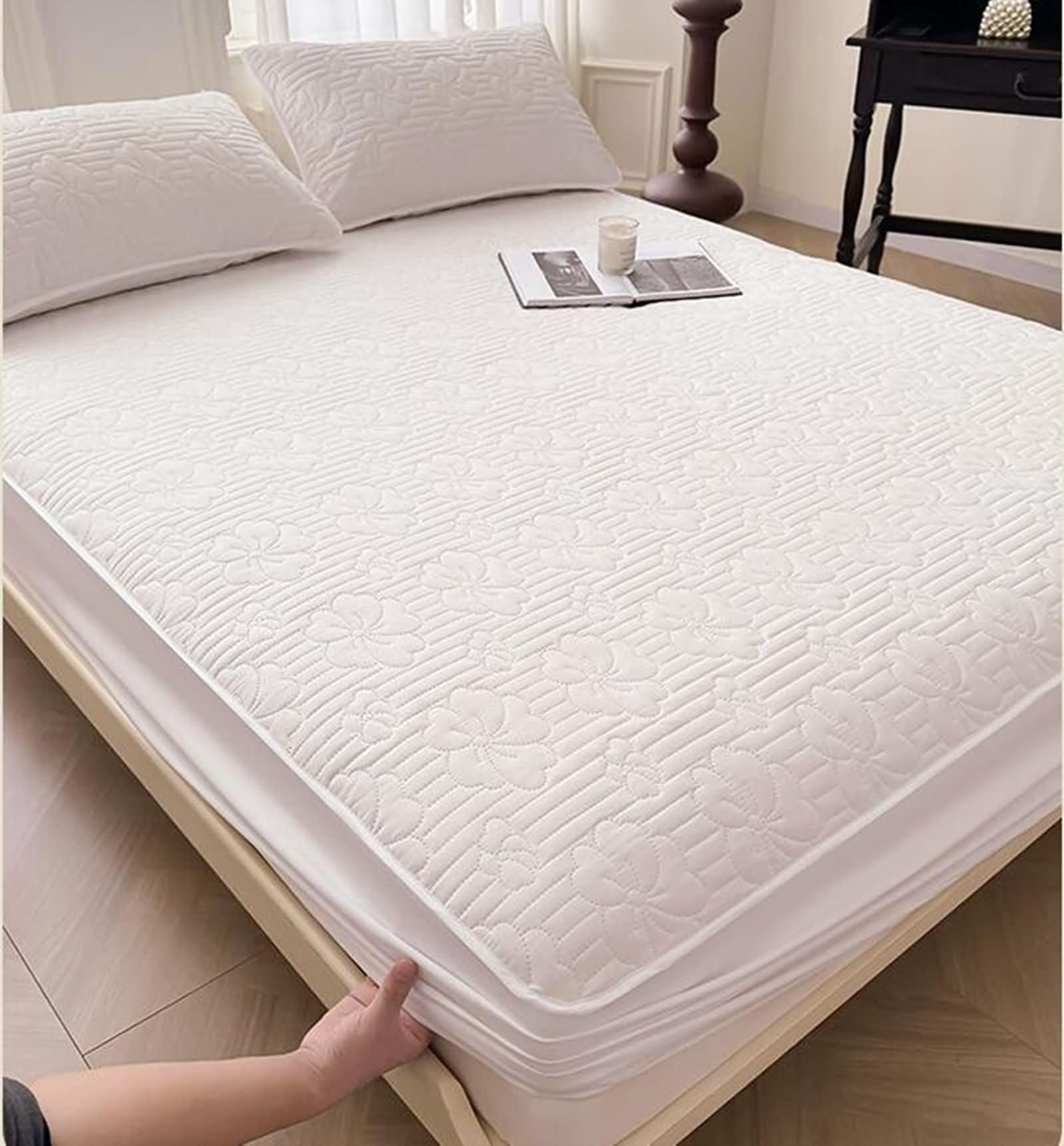Spannbettlaken 150x200CM Boxspringbett mit 2 Kissenbezüge, Spannleintuch Baumwolle Weiß Wasserdicht mit Muster Geblümt Bettwäsche Set Spannbettlaken Matratzenschoner rutschfest (3 Stück)