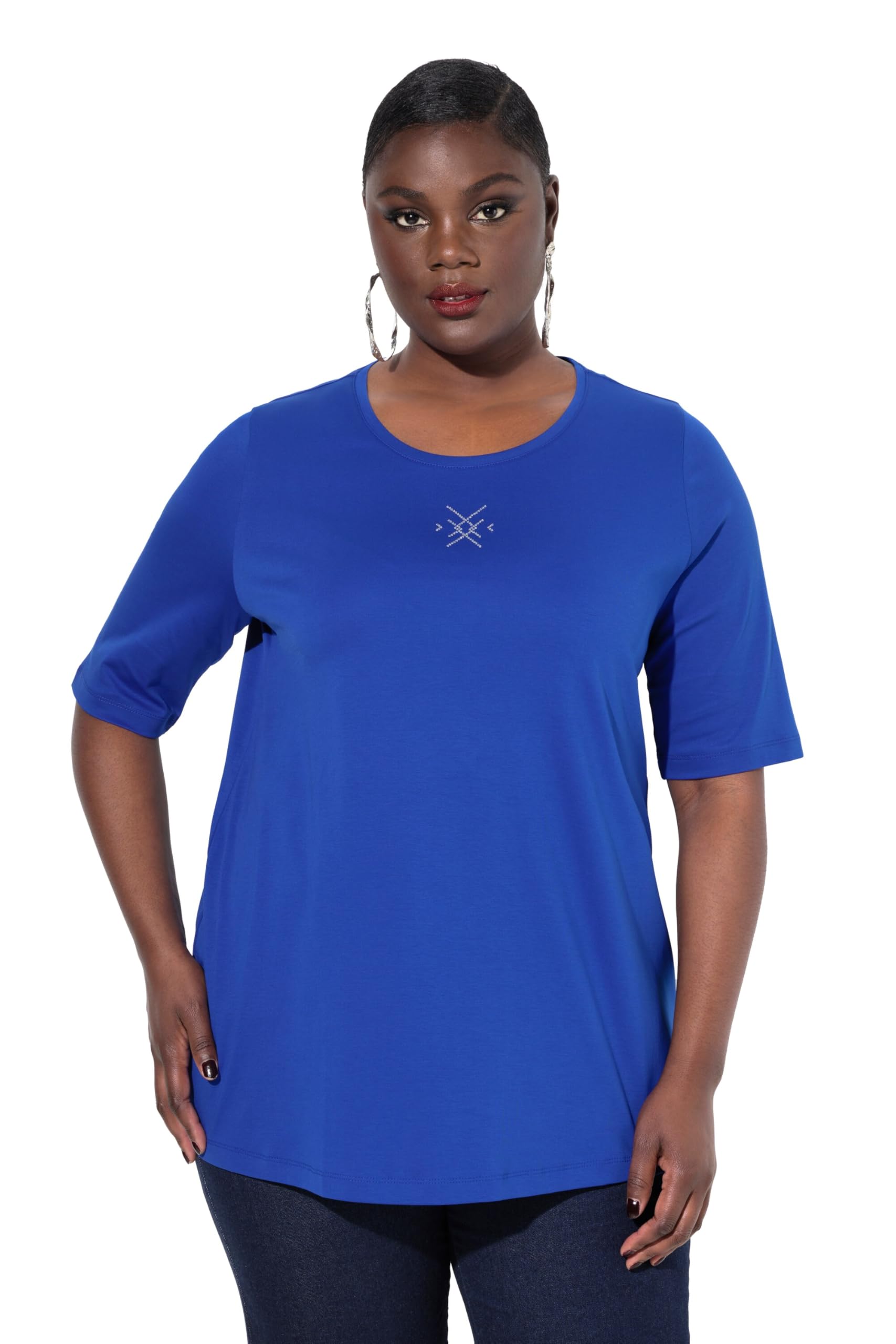 Ulla Popken Damen große Größen Übergrößen Plus Size Pima Cotton Shirt, Ziersteine, A-Linie, Rundhals, Halbarm 837500