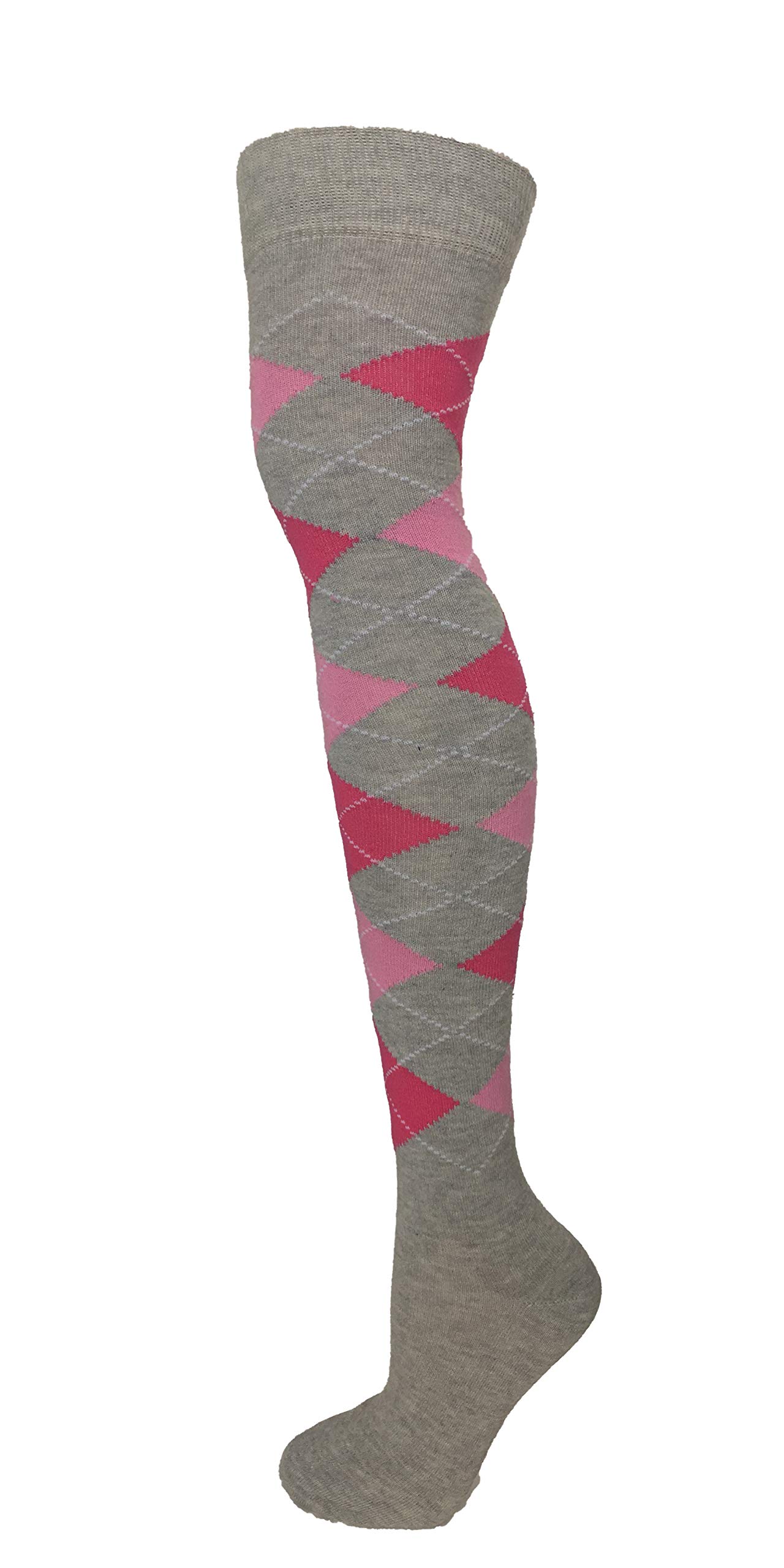 M Macahel Women's Fuchsia Pink On Grey Cotton Rich Over The Knee Argyle Diamond Design Socks (Fuchsia Pink On Grey)