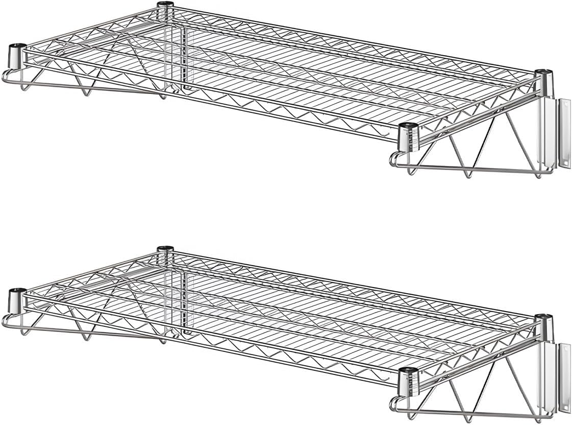 2-Pack Chrome Commercial Wire Wall Mount Shelf, 18" x 36" 360 lb Wall Mount Floating Rack, Fixed Shelving for Kitchen, Stock Rooms, Home, Hotel, Office, NSF