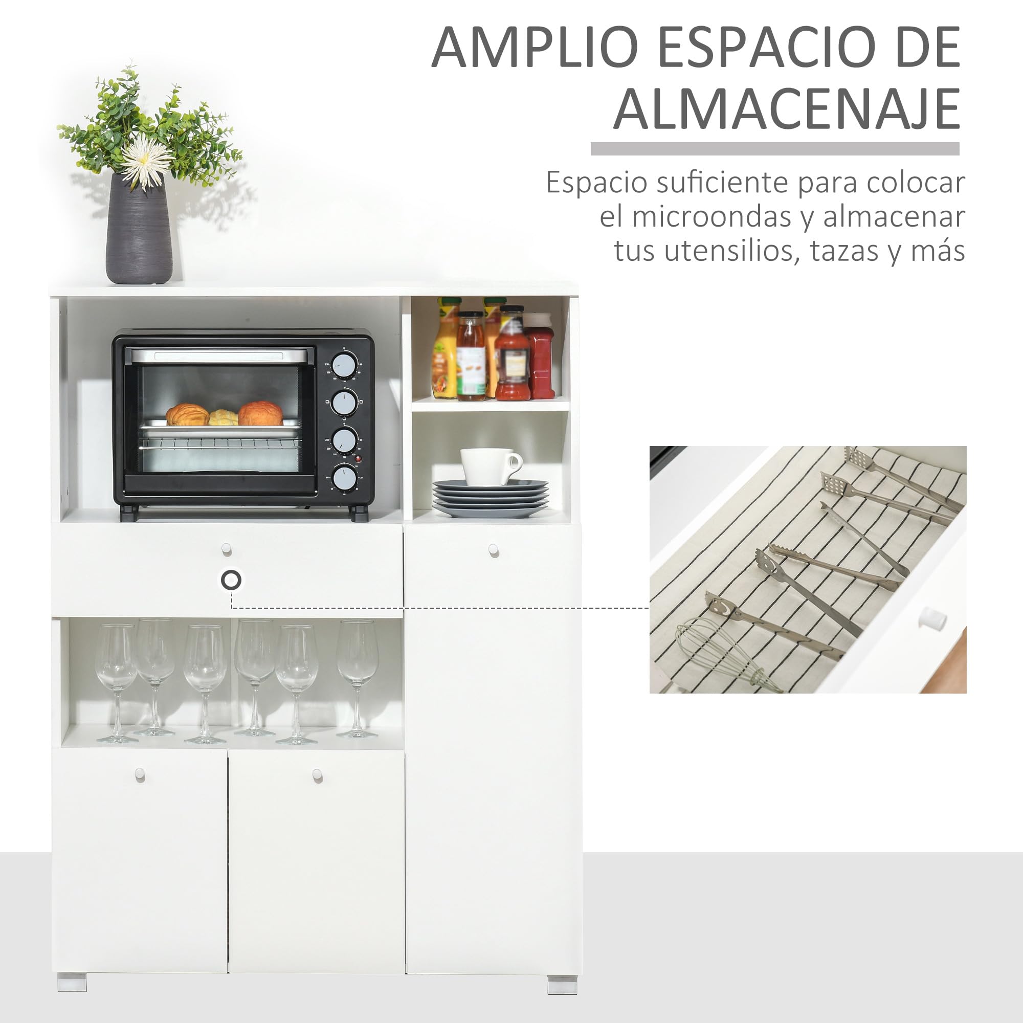 HOMCOM Mueble Auxiliar de Cocina Mueble para Microondas Aparador de Cocina con Cajón Estantes 3 Puertas 3 Compartimientos Diseño Anti-vuelco para Comedor 90x40x120 cm Blanco