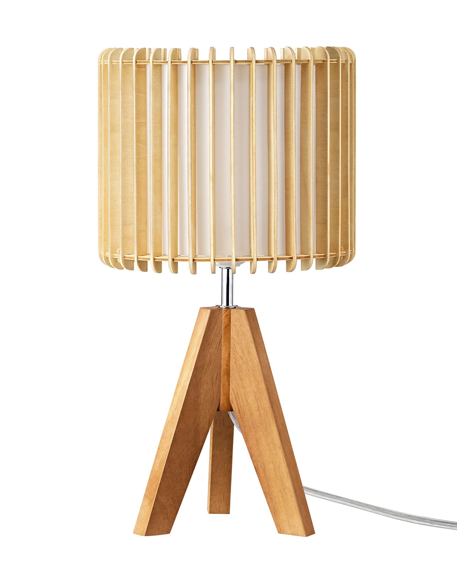 Lámpara de mesa pequeña de 14.17 pulgadas, lámpara de noche con trípode de madera, pantalla hueca de PVC blanco y madera natural, base E26, lámpara de mesita de noche bohemia para dormitorio, 8