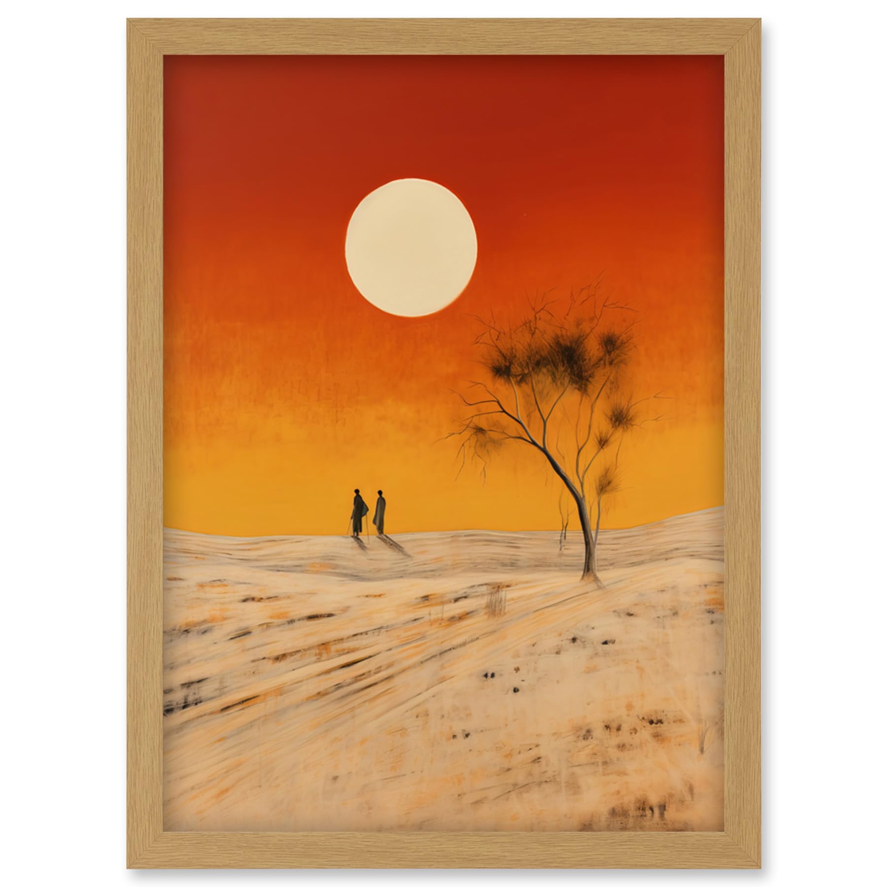 Artery8 Desert Landscape Sunset Oil Painting Framed A4 Wall Art Print - Amber Orange Yellow Windswept Dunes Artwork