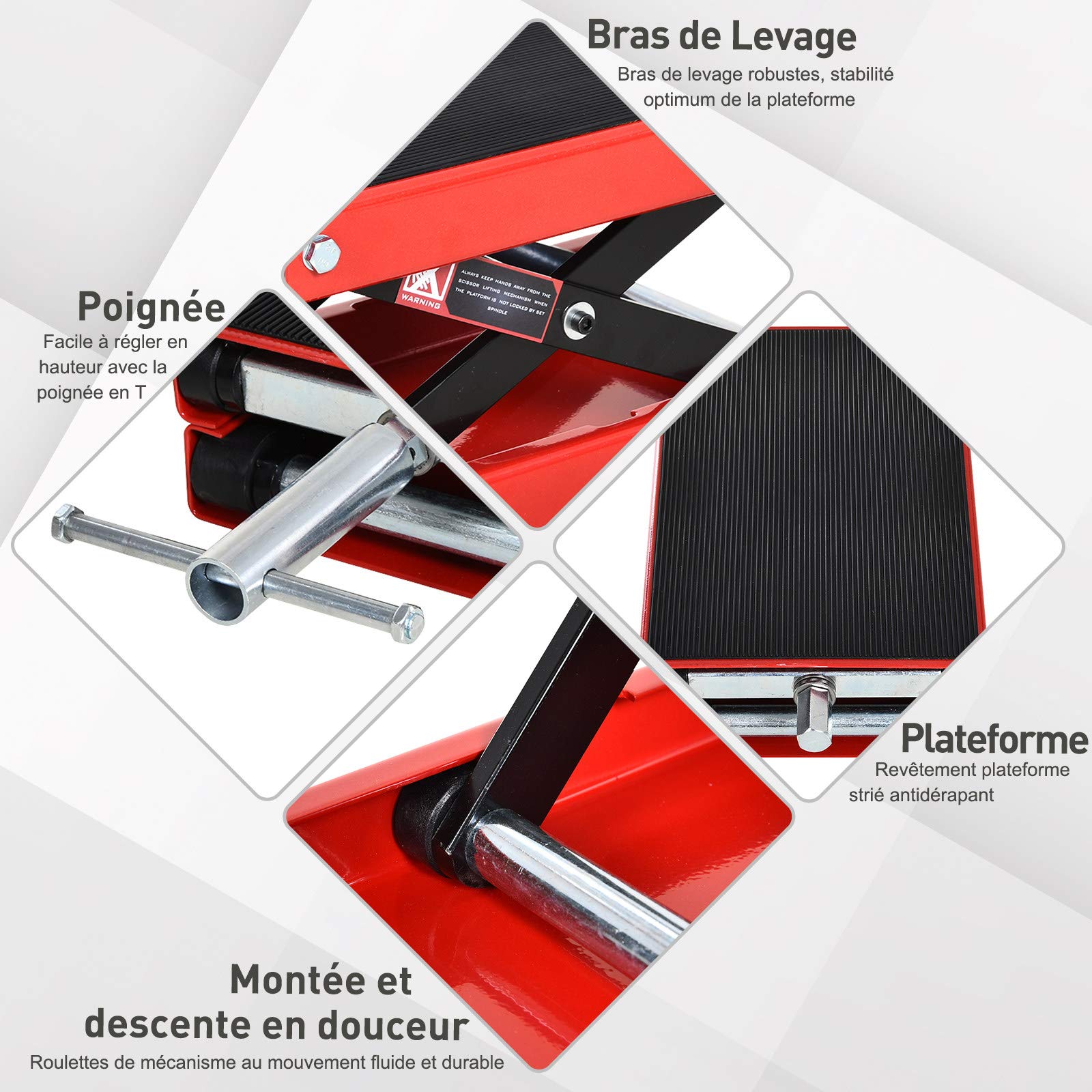 HOMCOM Lève Moto béquille d'atelier Stand Moto Tout-Terrain Moto Cross supermotard Hauteur réglable 10-37H cm Acier Charge Max. 500 Kg Rouge et Noir