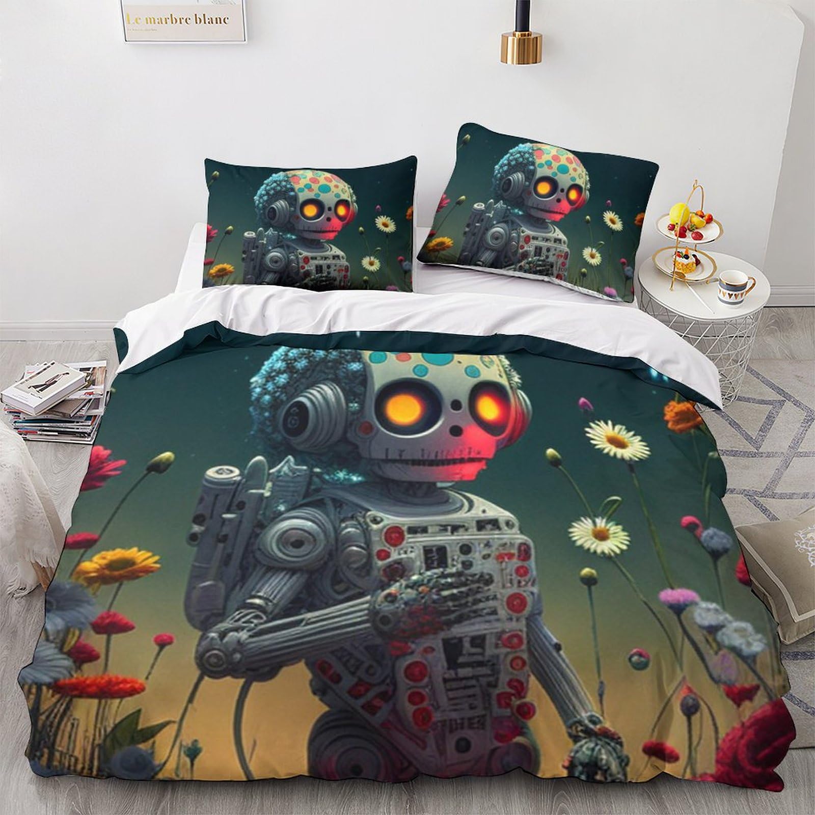 Set de couette double 200x200cm parure de lit squelette mignon avec housse de couette 3D fille