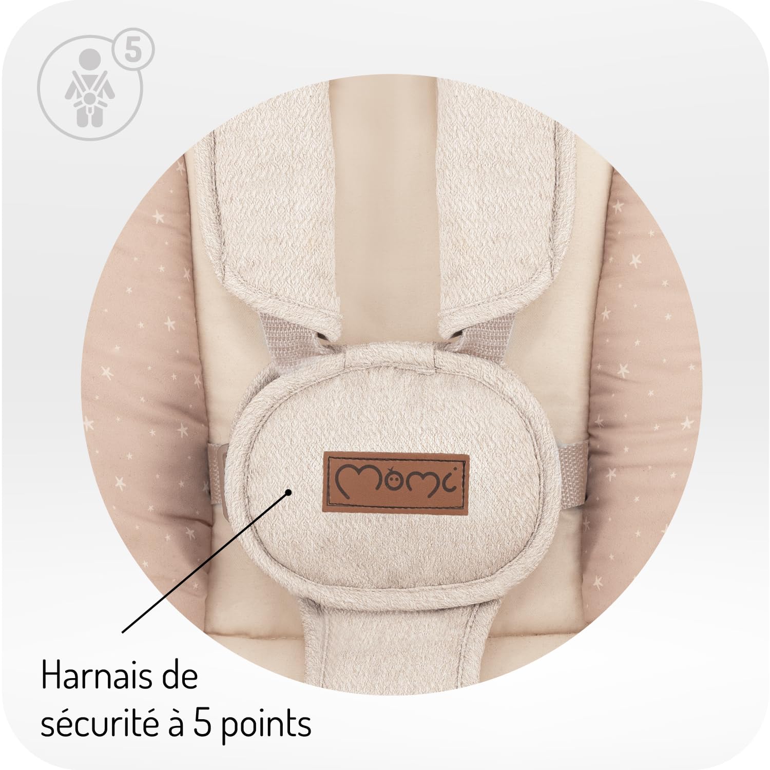 Balancelle MoMi Pearl 9 kg, siège 360°, LED, Bluetooth, télécommande, piles ou secteur, câble USB, harnais 5 points, arche avec jouets