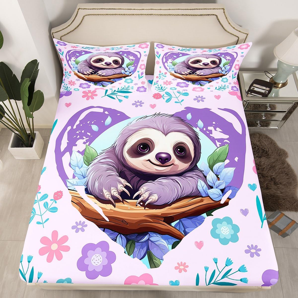 Manfei Cute Sloth Bed Sheet Queen Size,Kawaii Wild Animal Jungle Branch Sheets,Nature Flowers Leaves Graffiti Purple Bedding Sets (1 Fitted,1 Flat,2 Pillowcases) Deep Pocket Bed Sheets