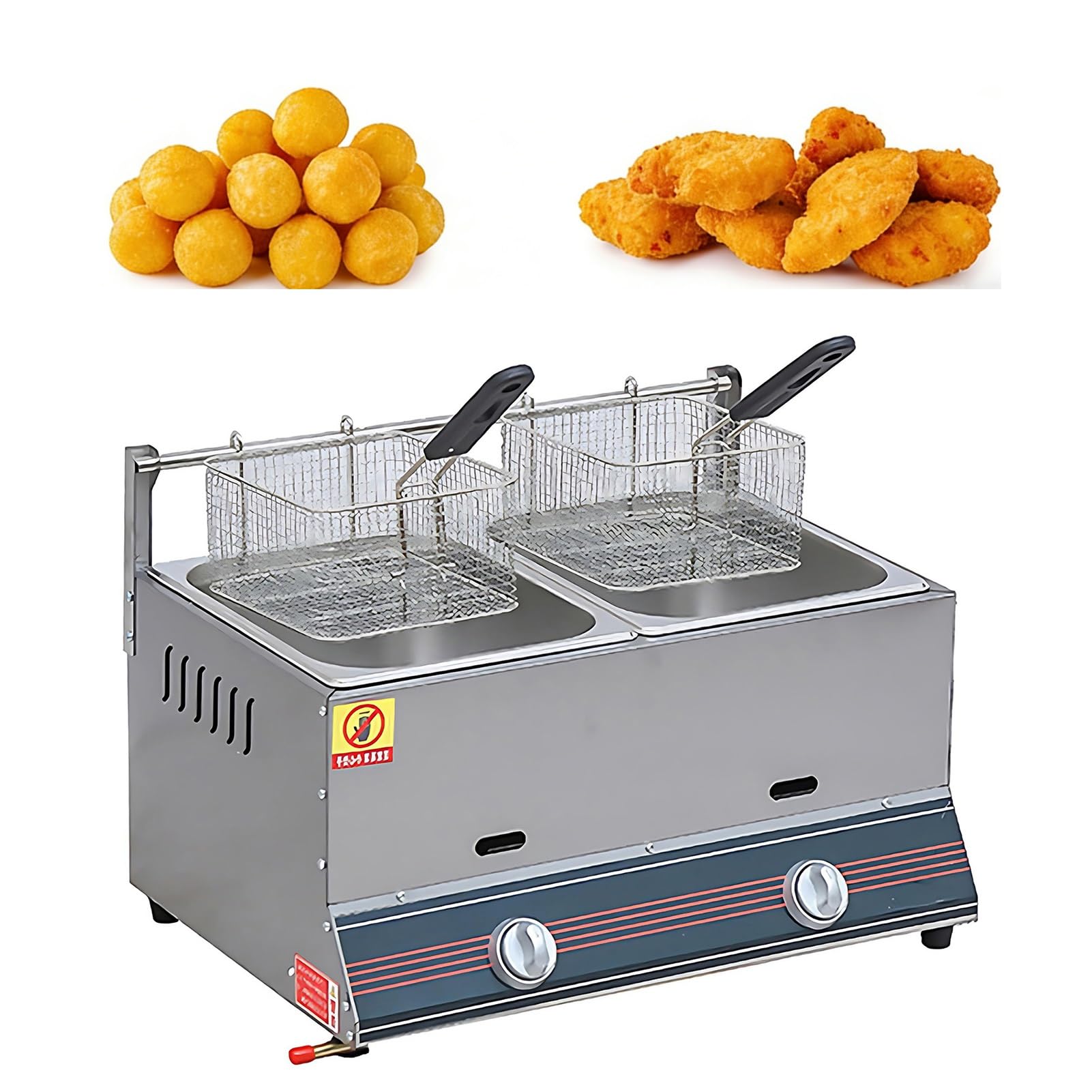 2800Pa Bassa Pressione/Friggitrice a Gas 16L/Acciaio Inox 304/Doppia Vasca Professionale per Snack Bar,Pizzerie,Ristorante,Cucina Mobile Rapida,Efficienza Gas Propano