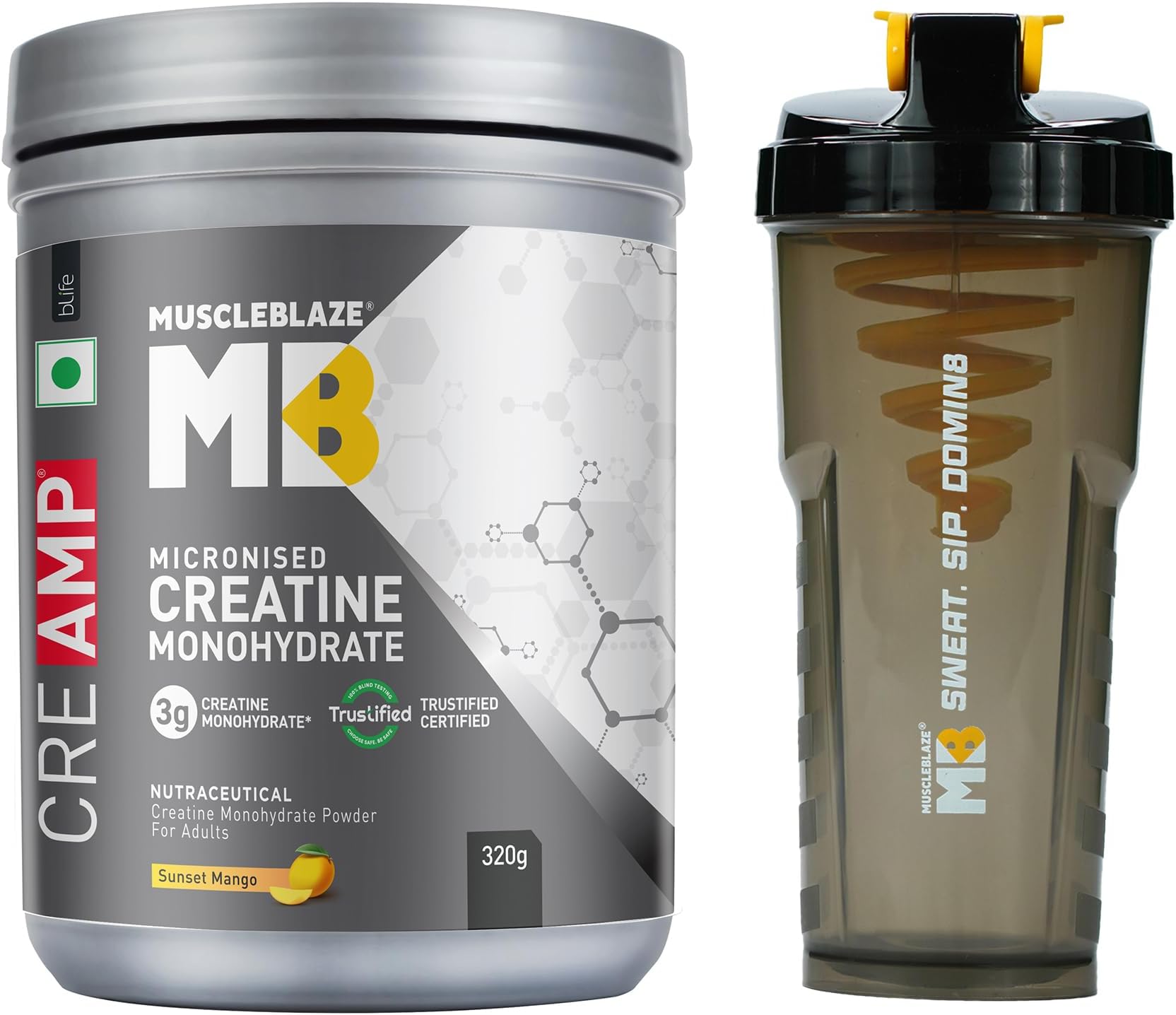 Micronised Creatine Monohydrate CreAMP Powder, Sunset Mango (320g) + Cyclone Blender Gym Shaker (700ml)