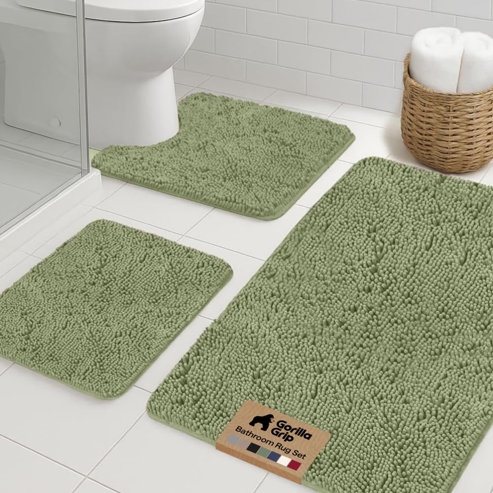 GORILLA GRIP Area Rug Sets and Oval Toilet Base, 3 Piece Sage