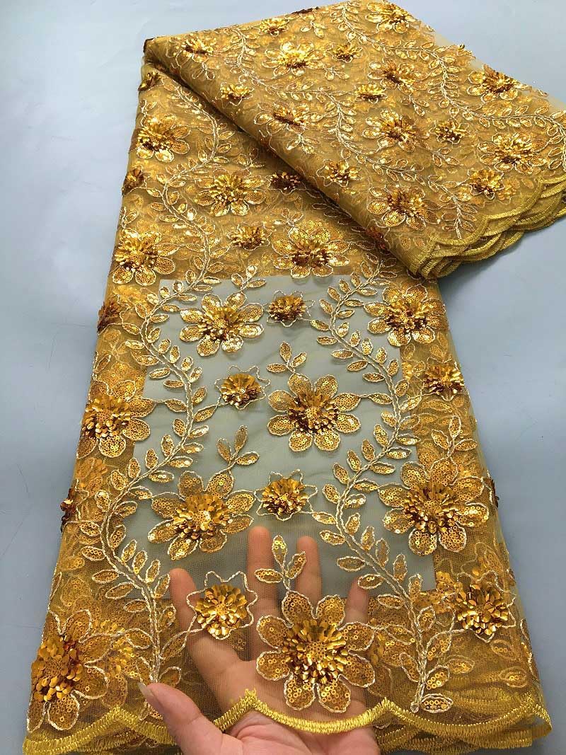 African Lace Fabric 5 Yards, 3D Sequin Embroidery on Tulle with Crochetwork, Elegant Glitter Fabric for Wedding Dresses, Party Gowns, and Formal Attire Sewing Projects (Yellow)