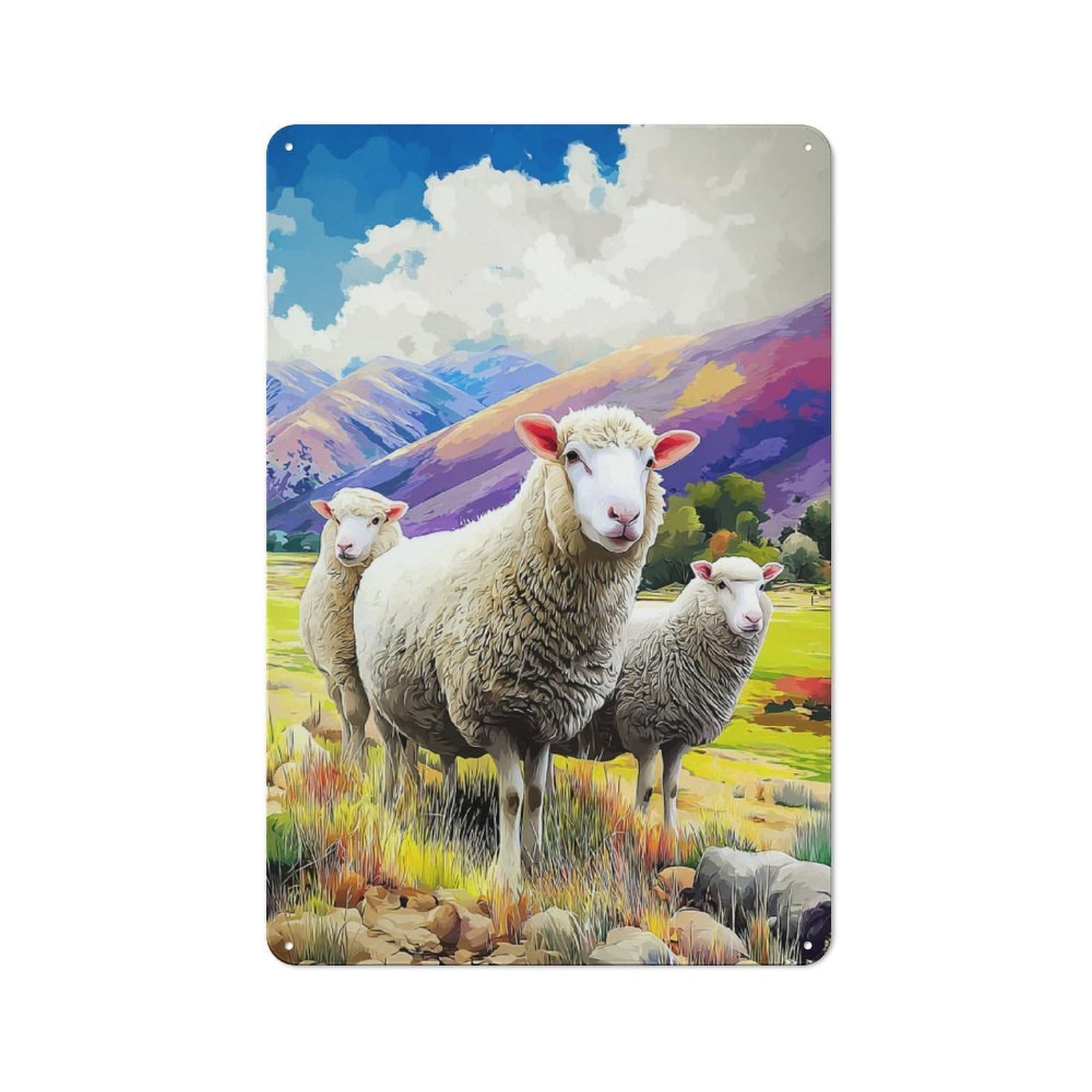 Understated Decorative Metal Sign 30x20cm Featuring Pastoral Sheep Scene with Vibrant Mountains, Study Room Decor for Workspace, Cafe, Shop Or Desk Area