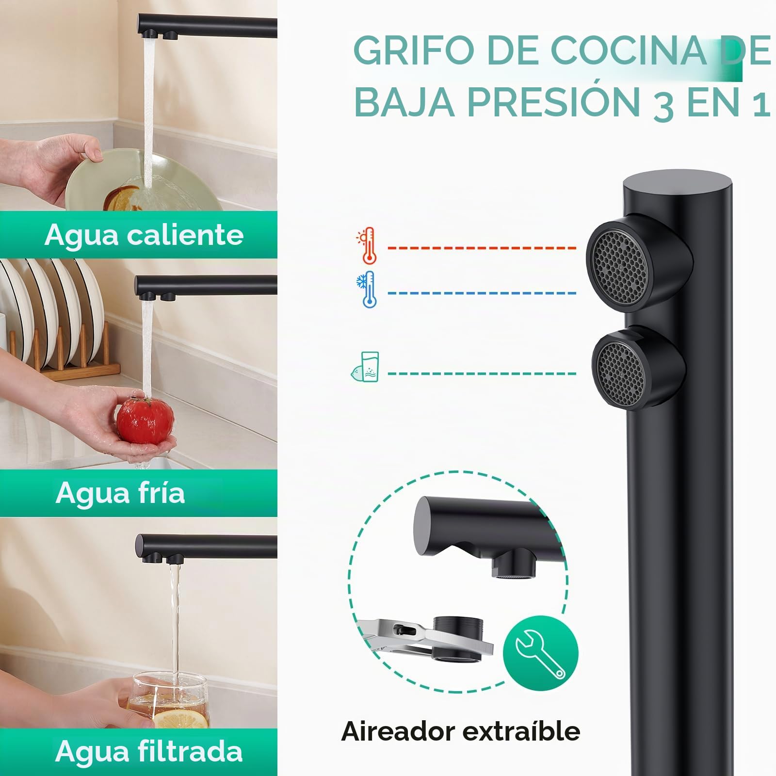 CREA Grifo de Cocina de Baja Presión, Grifo de Cocina 3 Vías | Grifo Cocina 3 Vías para Ósmosis Agua Fría y Filtrada, Fregadero con 2 palancas, Giratorio 360°, Negro Mate