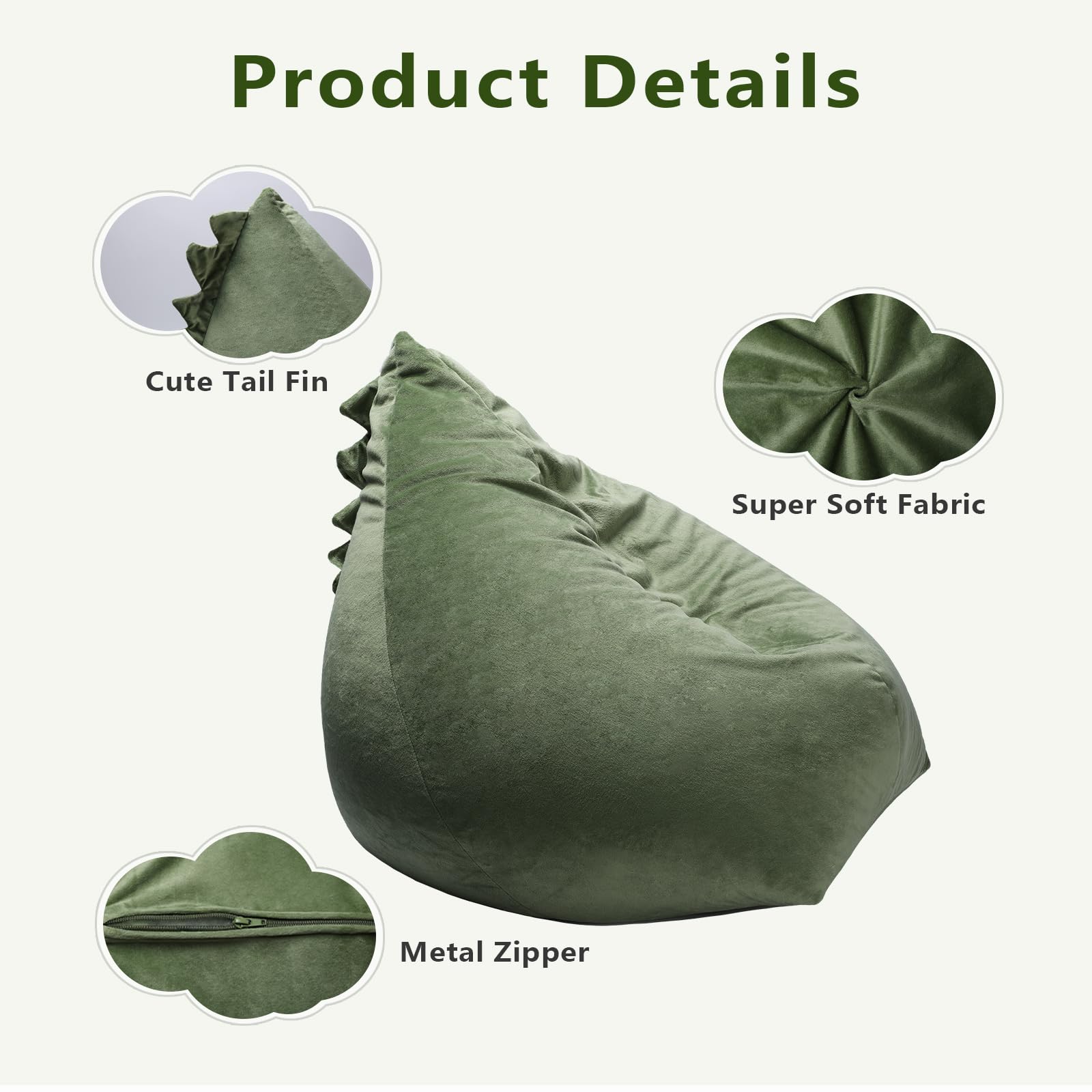 Puf de Peluche para Guardar Juguetes, Tamaño Grande Extra Suave Bolsa Puff de Almacenamiento con Cremallera, Almacenamiento Bean Bag para Niños Niñas, 80×76×63cm Dinosaurios (Cubierta Solamente)