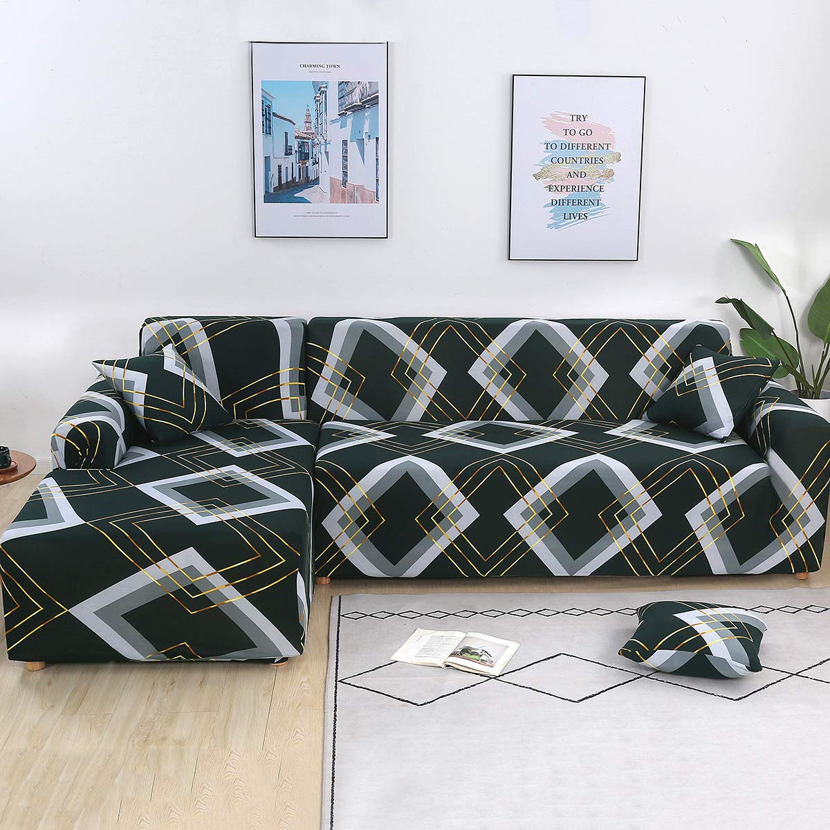 Mingfuxin L-Shaped Sofa Slipcovers, 2PCS Jacquard Polyester Fabric Stretch Sofa Covers Furniture Protectors + 2 Pillow Covers for L Shape Sectional Sofa Couch (L-Shaped 3+3 Seats, Printed#03) — image 1