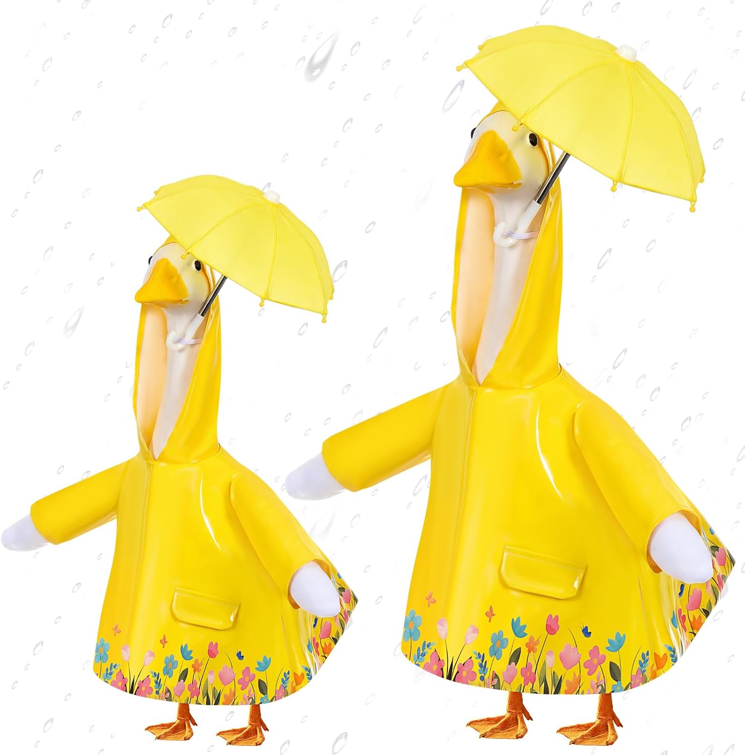 2 Sets Raincoat Goose Outfit 23'' and 17'' Lawn Porch Raincoat Umbrella Hat Clothes for Spring Plastic Goose Outdoor Patio Yard Lawn Art Party Decor